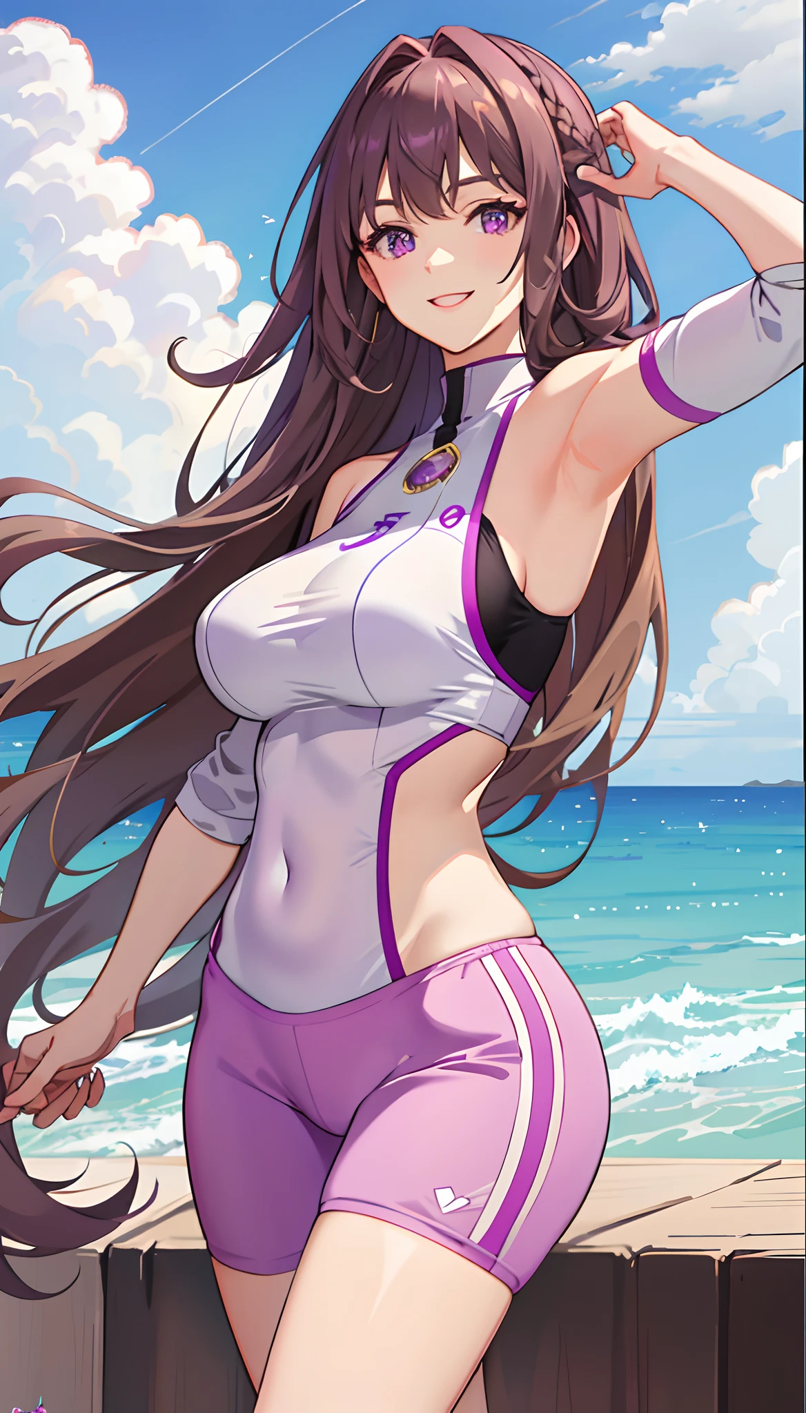 Long light brown hair,Purple eye,Lateral hair,asymmetricalbangs,Bigboobs,leisure wear,ssmile,Issuing,Cloud-like decoration,Seductive laughter