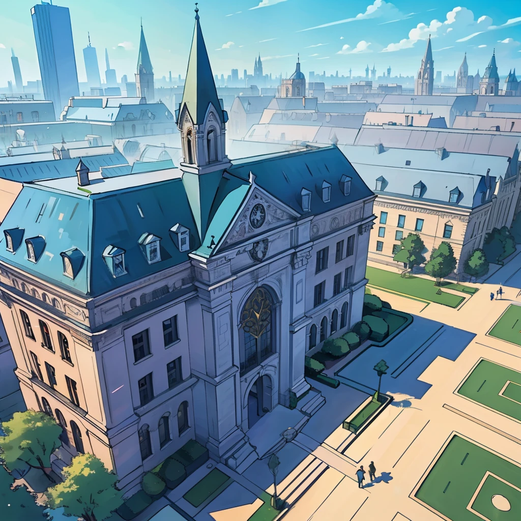 A glittering school,Gorgeous building,Tall building,Overhead view from the air