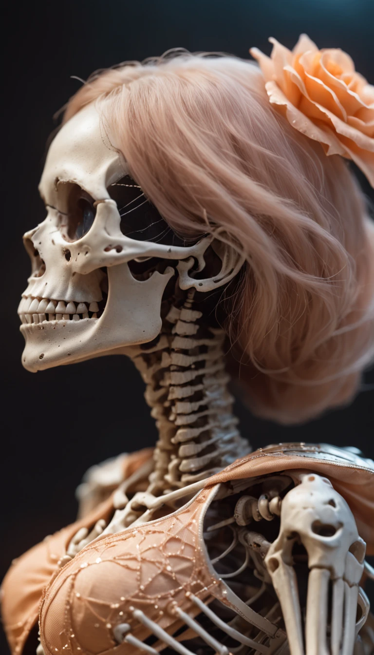 Fly cute female skeleton light orange constellation，Asian Skull Rose Gold Silk Armor Tulle Cyberpunk Space Station 1:900 miniatures，the sideview，Pure transparency，full bodyesbian，Ice is permeable to gas，Film light and shadow，Panorama ultra-wide angle，extremely happy，Silica gel has a delicate texture，Strong visual impact，Hyper-detailing，Dream girl，Refined face，prettyeyes，high saturated，Wear gold wire-rimmed reflective sunglasses，crystal-clear，Good sense of perspective，Light and shadow effects，16K smooth，Surface reflected light