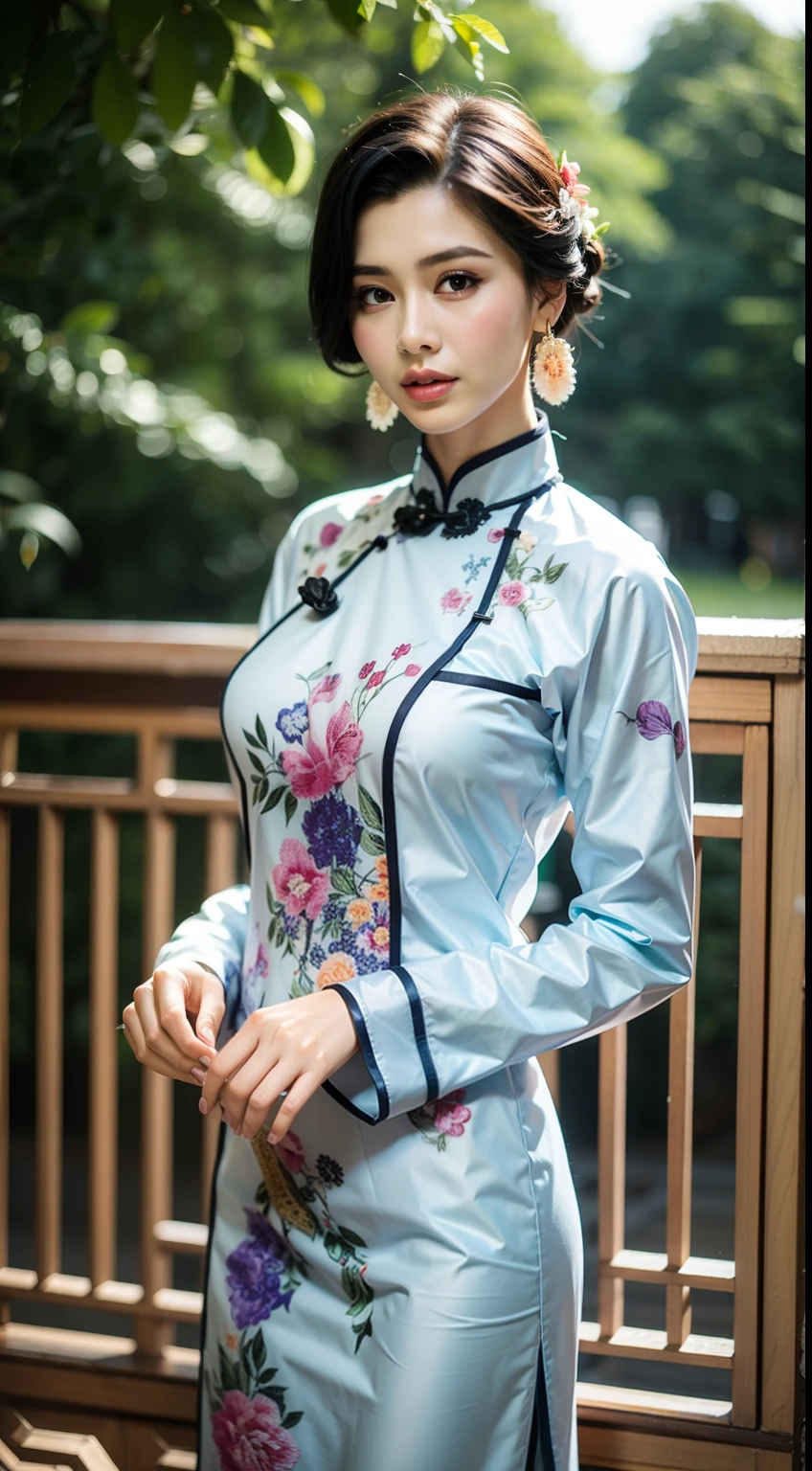 a beautiful girl in vintage colors aodai , masterpiece, best quality, realistic:1.3, street, cyberpunk, sunlight, backlighting, artstation, intricate details, vignette