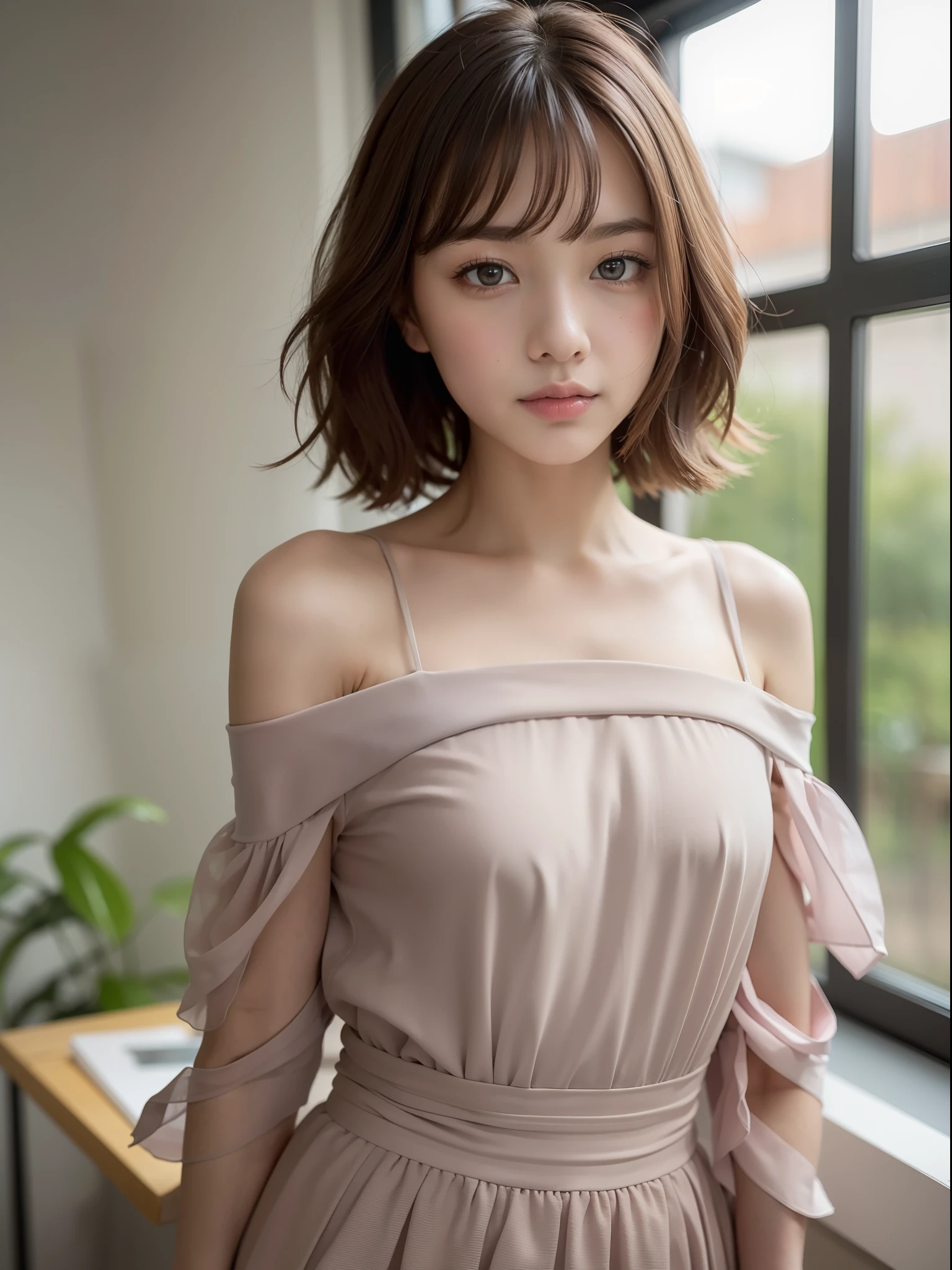 ((of the highest quality, 8K, masutepiece: 1.3, Raw photo)), Sharp Focus: 1.2, (1 AESPA Girl :1.1), (Solo: 1.2), (Realistic, Photorealistic: 1.37), (Face Focus: 1.1), Cute face, hyperdetailed face, Small breasts, flat chest, Short messy hair, Small Smile, (Off-the-shoulder chiffon dress, skirt: 1.4), office, look back, flower, iris