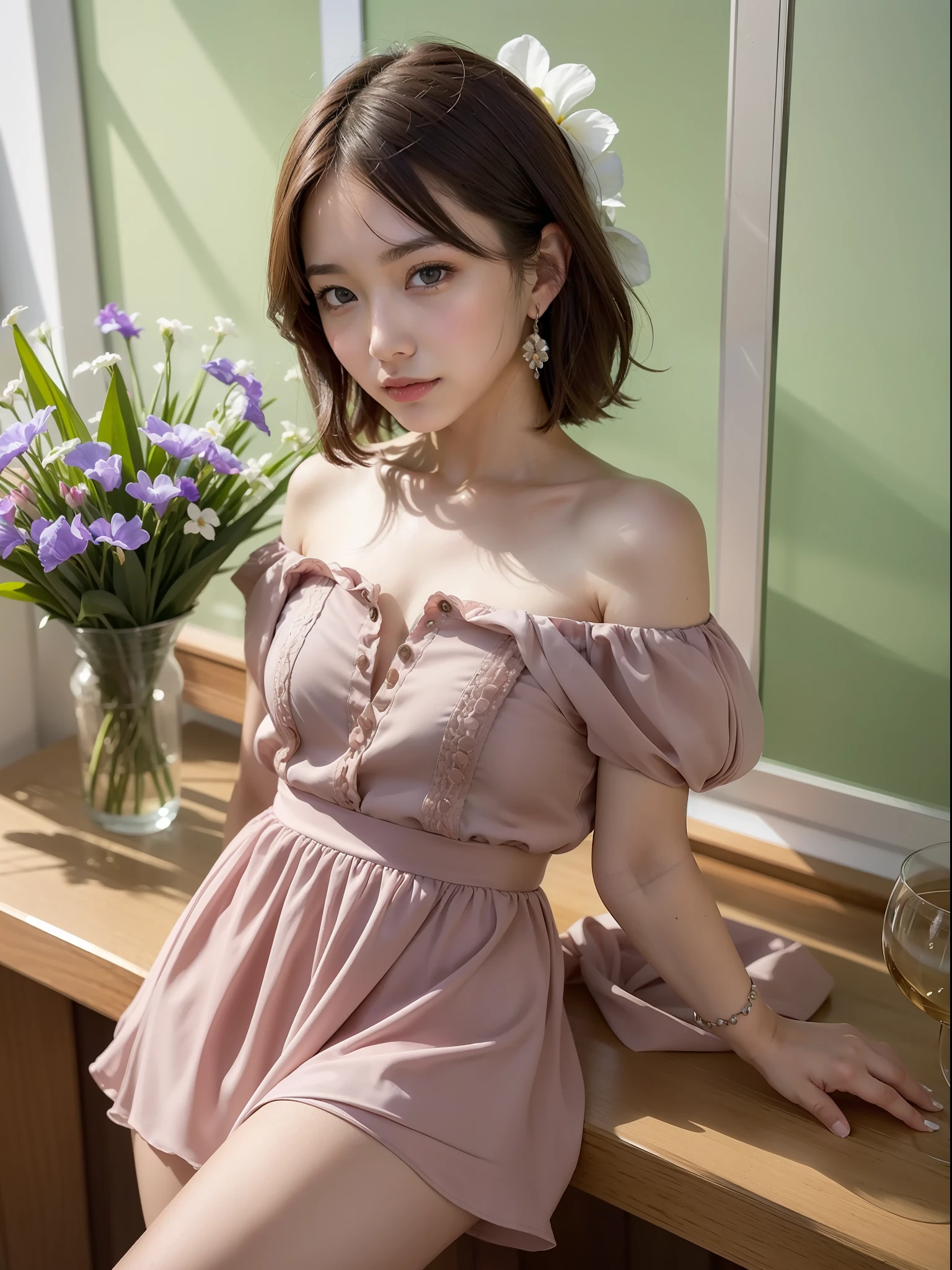 ((of the highest quality, 8K, masutepiece: 1.3, Raw photo)), Sharp Focus: 1.2, (1 AESPA Girl :1.1), (Solo: 1.2), (Realistic, Photorealistic: 1.37), (Face Focus: 1.1), Cute face, hyperdetailed face, Small breasts, flat chest, Short messy hair, Small Smile, (Off-the-shoulder chiffon dress, skirt: 1.3), office, look back, flower, iris