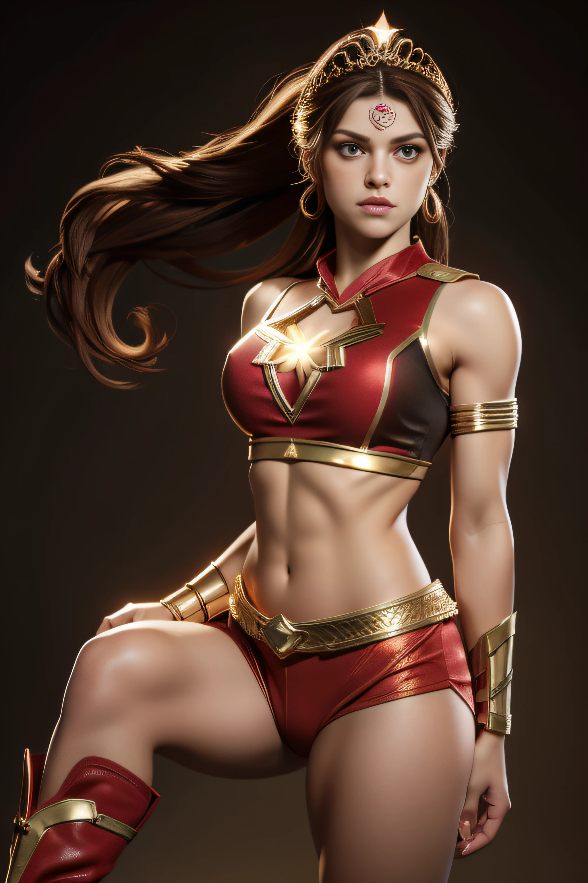 Sexy alexandra daddario as a beautiful female superheroine , brown hair, long braided ponytail, red sleeveless crop shirt, with a golden Star, midriff wears (a golden tiara with a red gem on forehead) , golden bracelets, long red boots, and small red shorts portrait photography by artgerm, in the style of realism, glistening skin, , natural lighting, Defined full lips. Muscular fitness feminine body