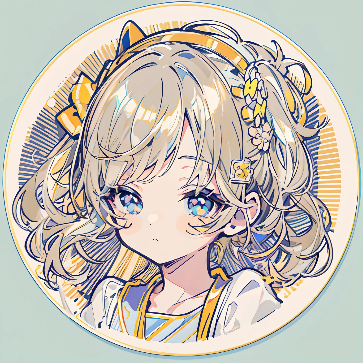 Sticker, Cute anime girl head，Color pigments，in circle, White background, Gold border，Simple, Ultra detailed, Detailed drawing, vectorised, Silhouette, 8K, professional sticker design, Flat design, Vector lines, Sticker, Drawing, Drawing, Full-HD