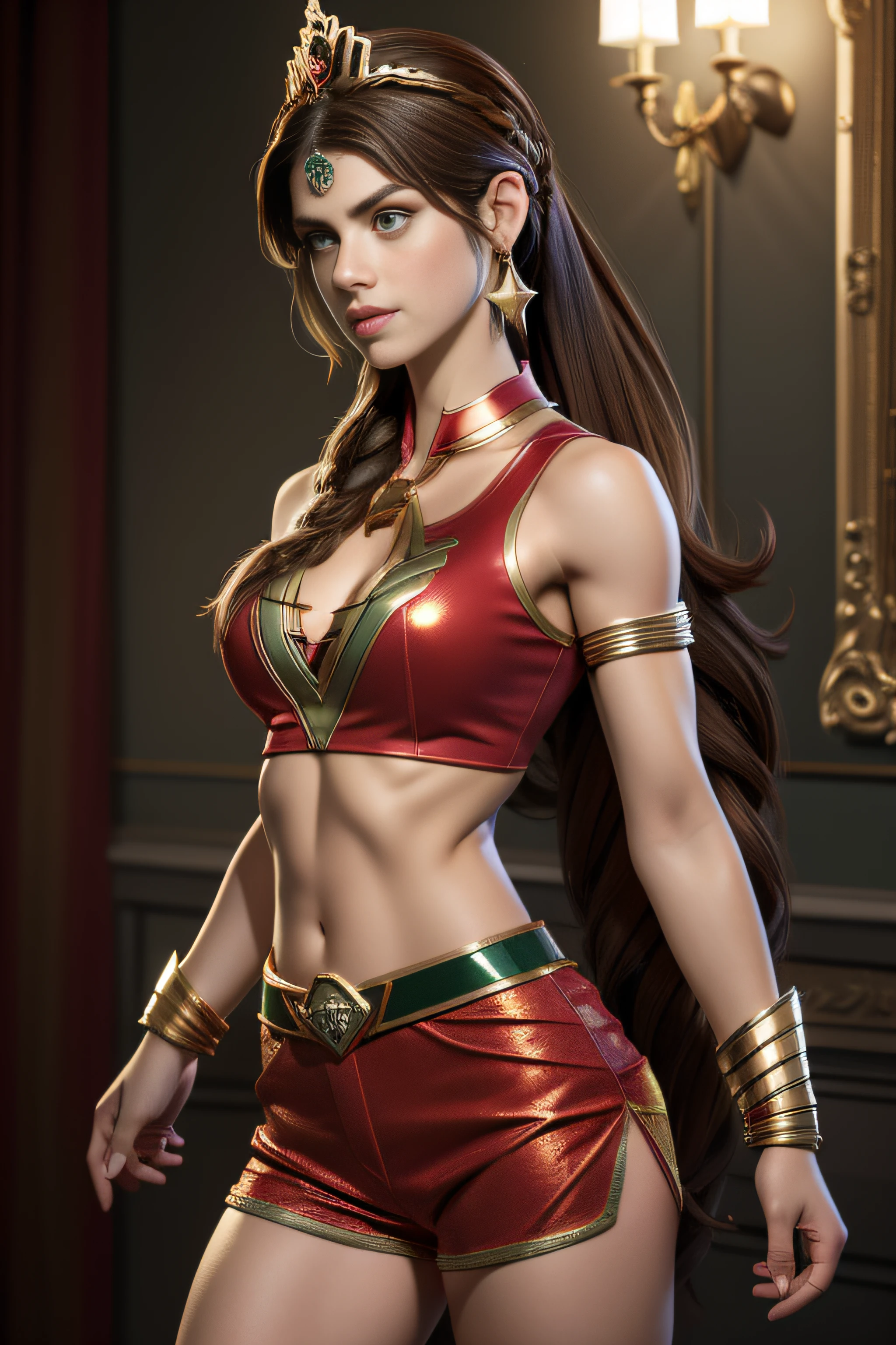 (Best Quality,4k,8k,High resolution,masterpiece:1.2),ultra detailed,(realist,photorealist,photo-realist:1.37),,superhero,sexy ,( beautiful female superheroine ,braided ponytail , red sleeveless cropped shirt, with a gold star, the abdomen uses (a golden tiara with a red gem on her forehead) , Gold bracelets, long red boots, and little red shorts) (star venus) (tiara) (green eyes) HD (seductive look) (in battle)