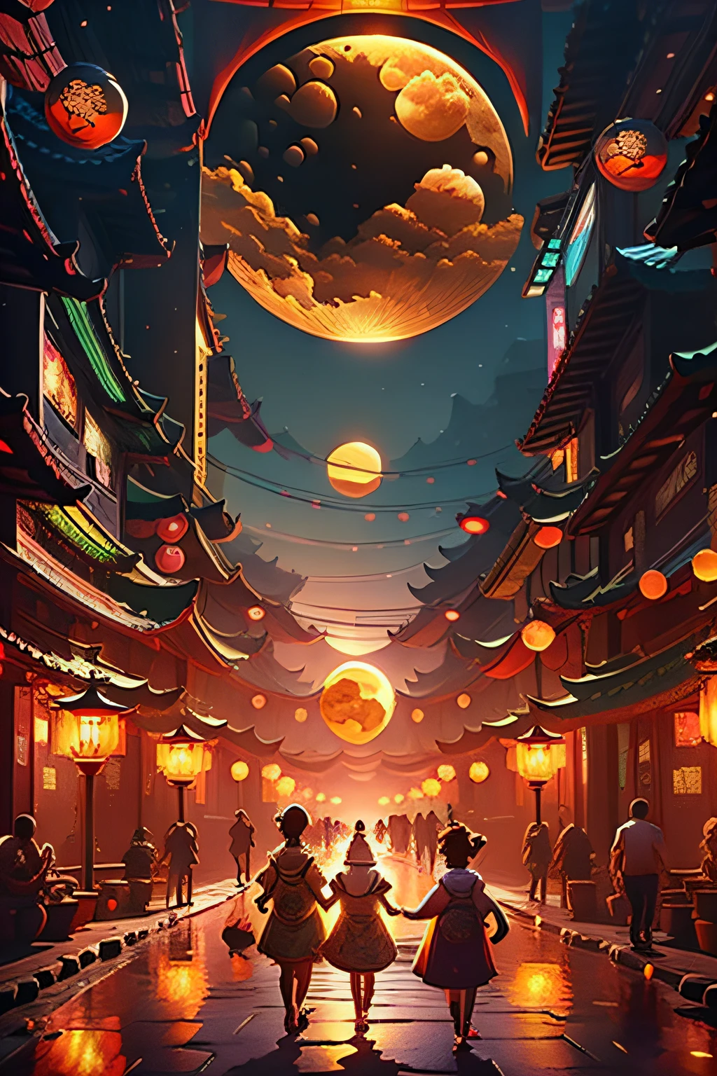 Mid-Autumn Festival posters depict the atmosphere of the street，Family reunion，Enjoy the moon together，Children playing with lanterns