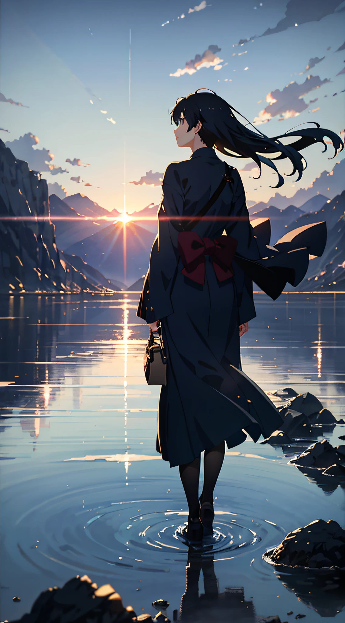 High quality masterpiece ,scenecy,Anime train passing through bodies of water on tracks, Brilliant night sky。Romantic train,pixiv,concept-art,Lofi art style,Reflectors。 by makoto shinkai, lofi art, beautiful anime scenes, Anime landscapes, Detailed scenery —width 672, in style of makoto shinkai, style of makoto shinkai,Detail enhancement。