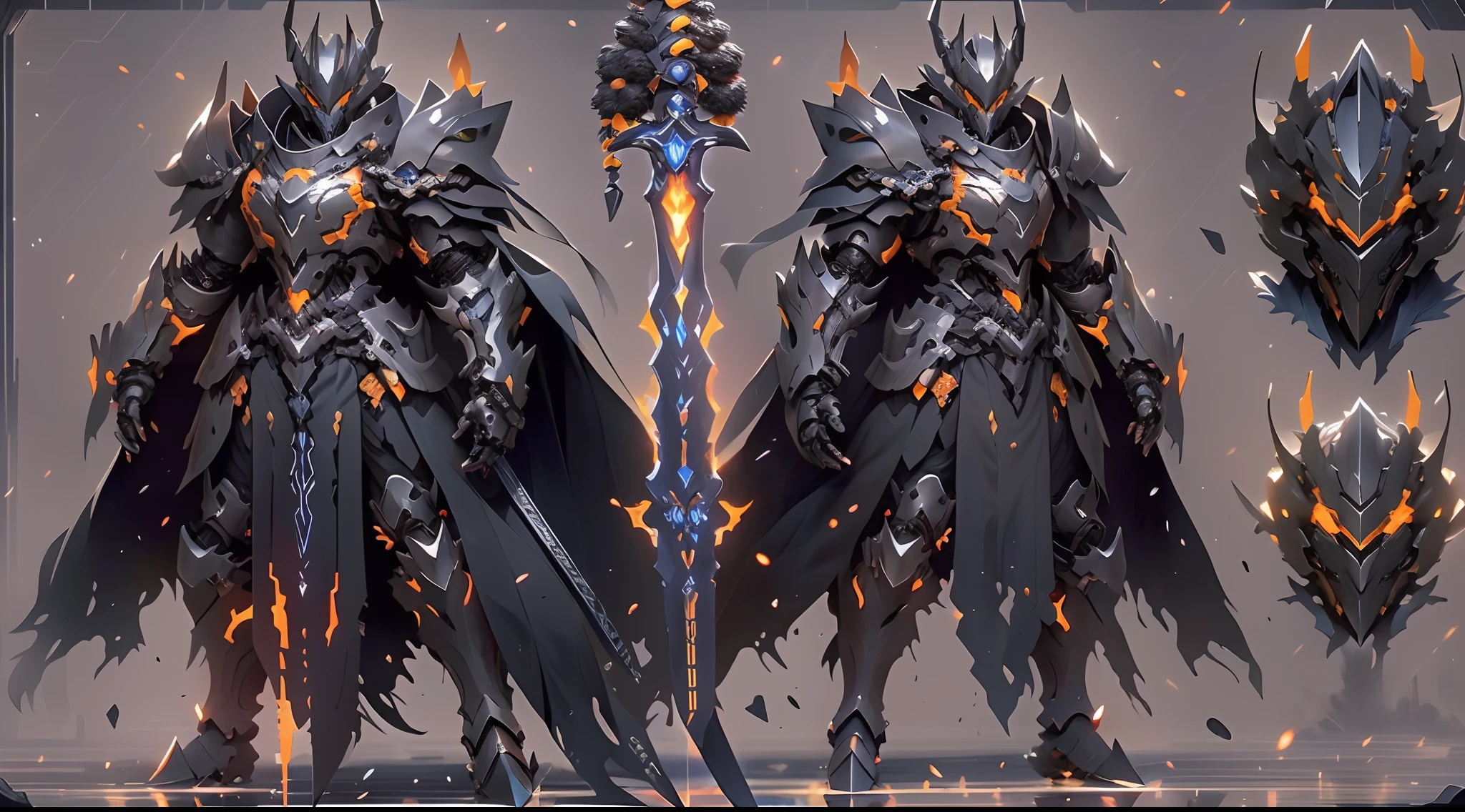 The armored knight of Arafeld stood in the dark room with a sword in hand, black fire color reflected armor, cyberpunk flame suit, berserk skullknight black armor, heavy metal armor, cybernetic flame armor, Black heavy armor, corrupted armor, cybernetic fire armor, full body X-force costume, heavy black obsidian armor, Barbed scrap metal armor