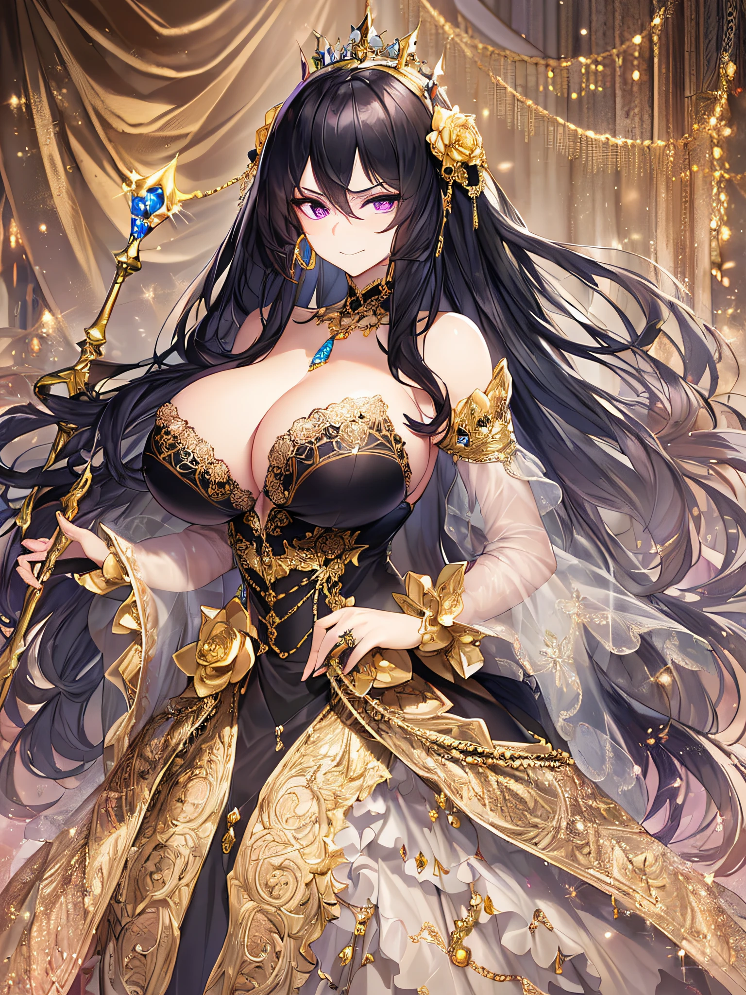 ((anime artstyle)),(Masterpiece),(Best Quality), (Super Detail),((Very Delicate and Beautiful)),(((Solo))),((full body portrait)),(((1 arrogant princess in beautiful embroidery black and gold gorgeous rococo princess ballgown with voluminous full length hoop skirt))),gold trim,((crinoline)),gorgeousfull embroidery,Long train((arrogant,haughty)),(((arrogant smile))),Sharp eyes,(holding a luxurious scepter),sunlight,((gorgeous gemstone jewelry)),detailed face and eyes,jewel-like eyes,Purple eyes,(Bangs between eyes),((large amount of straight hair,extremely Long voluminous black Hair)),((gigantic tits,Long tits)),gorgeousfull embroidery,cleavage,extremely gorgeousfull hair ornament,(bling-bling extremely gorgeousfull jeweled tiara),gorgeous corsage,(Dynamic Angle),Looking at viewer,(full body)),((beautiful embroidery black and gold gorgeous rococo princess ballgown with voluminous full length hoop skirt))