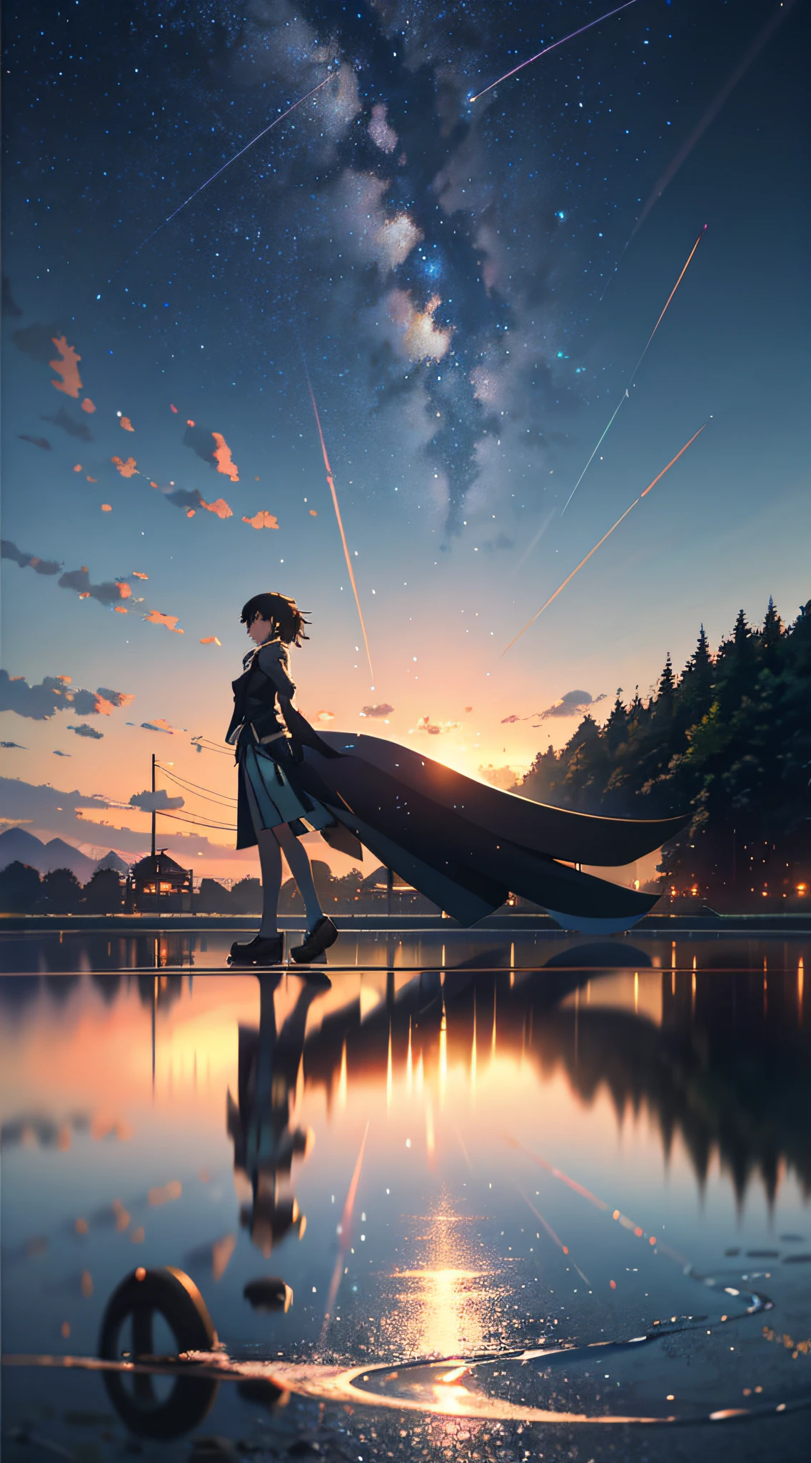 High quality masterpiece ,scenecy,Anime train passing through bodies of water on tracks, Brilliant night sky。Romantic train,pixiv,concept-art,Lofi art style,Reflectors。 by makoto shinkai, lofi art, beautiful anime scenes, Anime landscapes, Detailed scenery —width 672, in style of makoto shinkai, style of makoto shinkai,Detail enhancement。