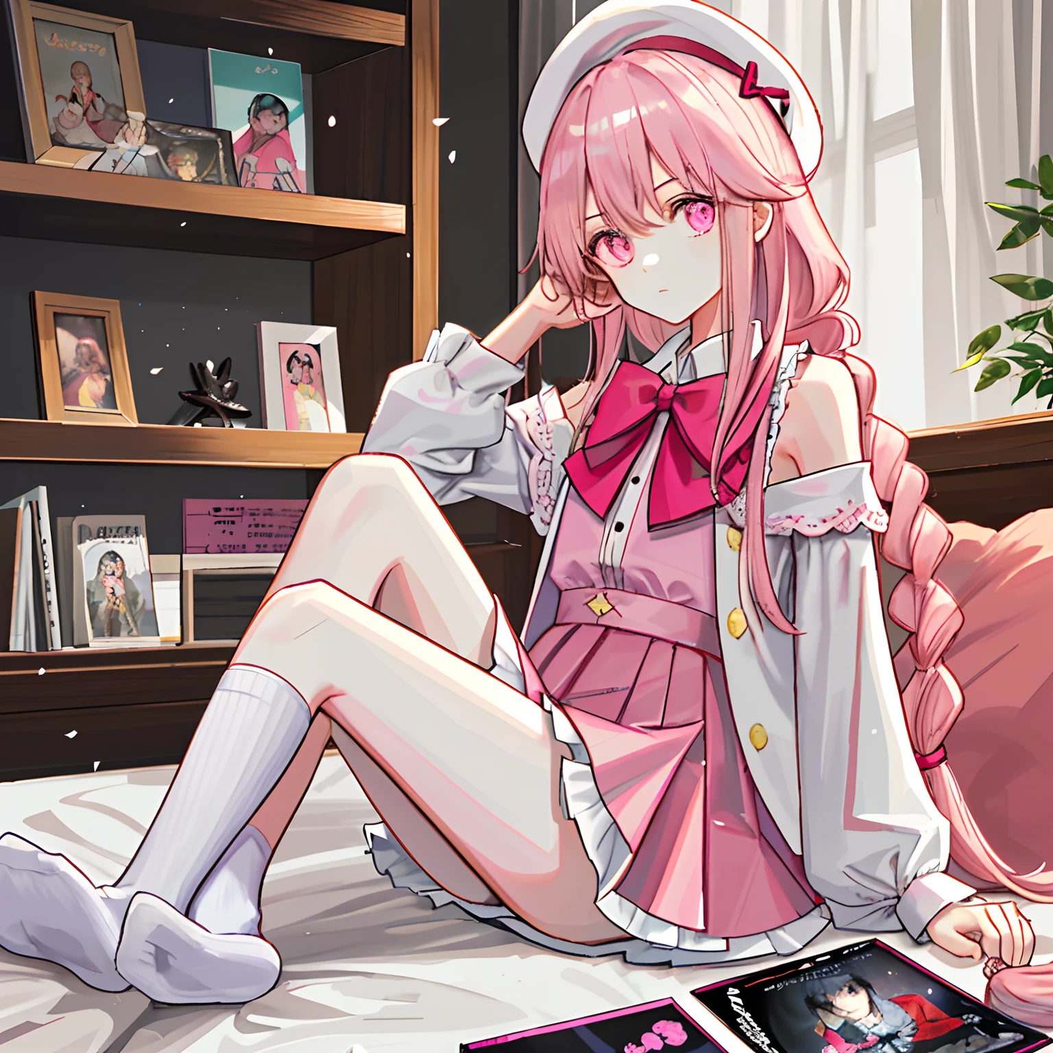 {1girll,独奏}White knee-length socks,Pink cotton slippers,broad white blouse,Pink shawl coat,pleatedskirt,Bare shoulders,A pink-haired,Long messy hair,Very long hair,right side braid,Hair tied on the right side,Red bow tie,White berets,Indoor girls,Lazy expression,The body is petite,Computer,sofe,Coat rack,Snacking,Comic books scattered all over the place,Cluttered bed,Sit cross-legged,{Lazy atmosphere},{sportrait:1.2},{Masterpiece},{Best quality at best},{extremelydetailed8Kwallpaper},{超高分辨率},{Delicate background},{Sparkling pink eyes},gentlesoftlighting,Warm light,Front view,volumettic light,Loose fit,Sweet clothing compartment,(intricately details),{Delicate and cute face},(A detailed eye),