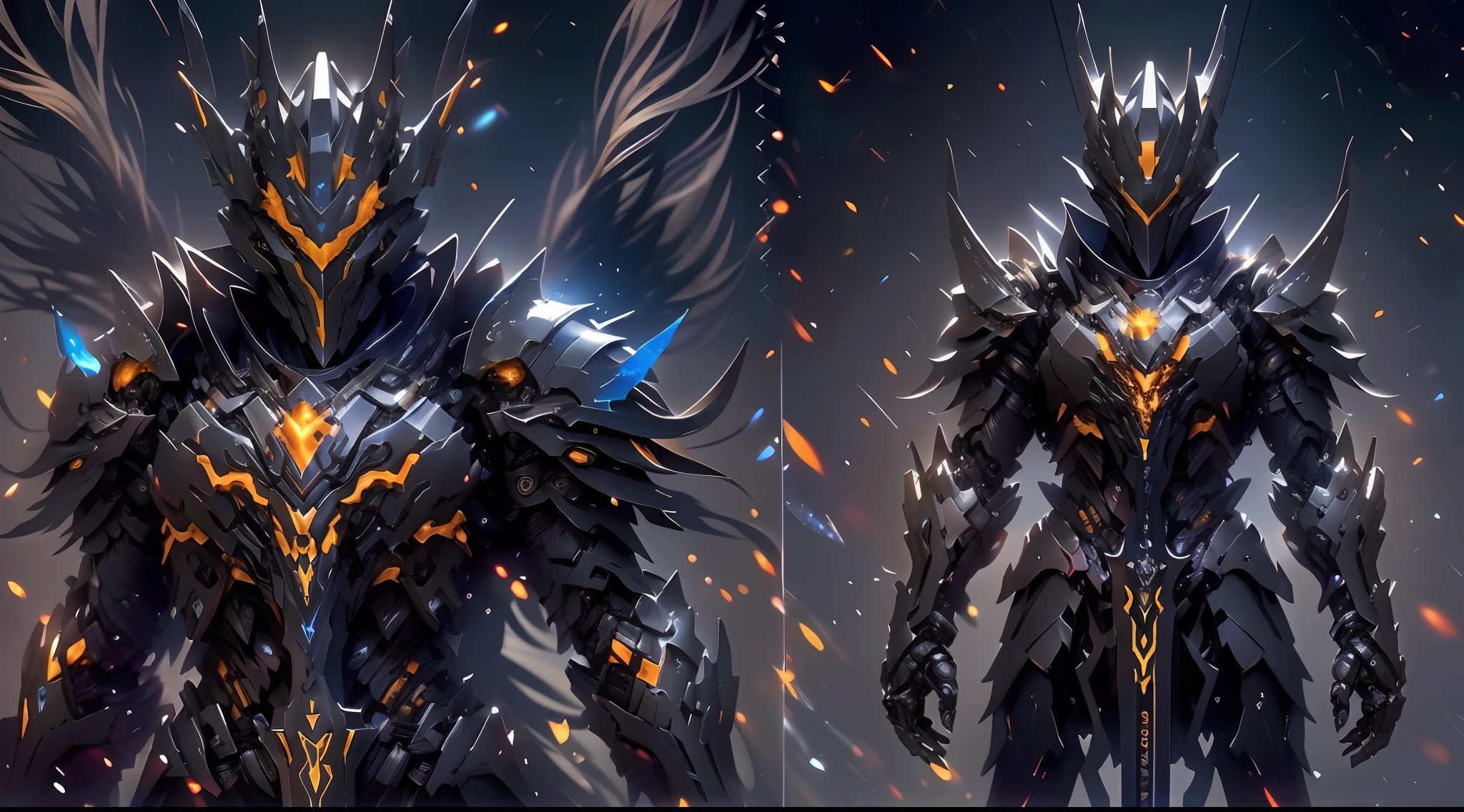 The armored knight of Arafeld stood in the dark room with a sword in hand, black fire color reflected armor, cyberpunk flame suit, berserk skullknight black armor, heavy metal armor, cybernetic flame armor, Black heavy armor, corrupted armor, cybernetic fire armor, full body X-force costume, heavy black obsidian armor, Barbed scrap metal armor