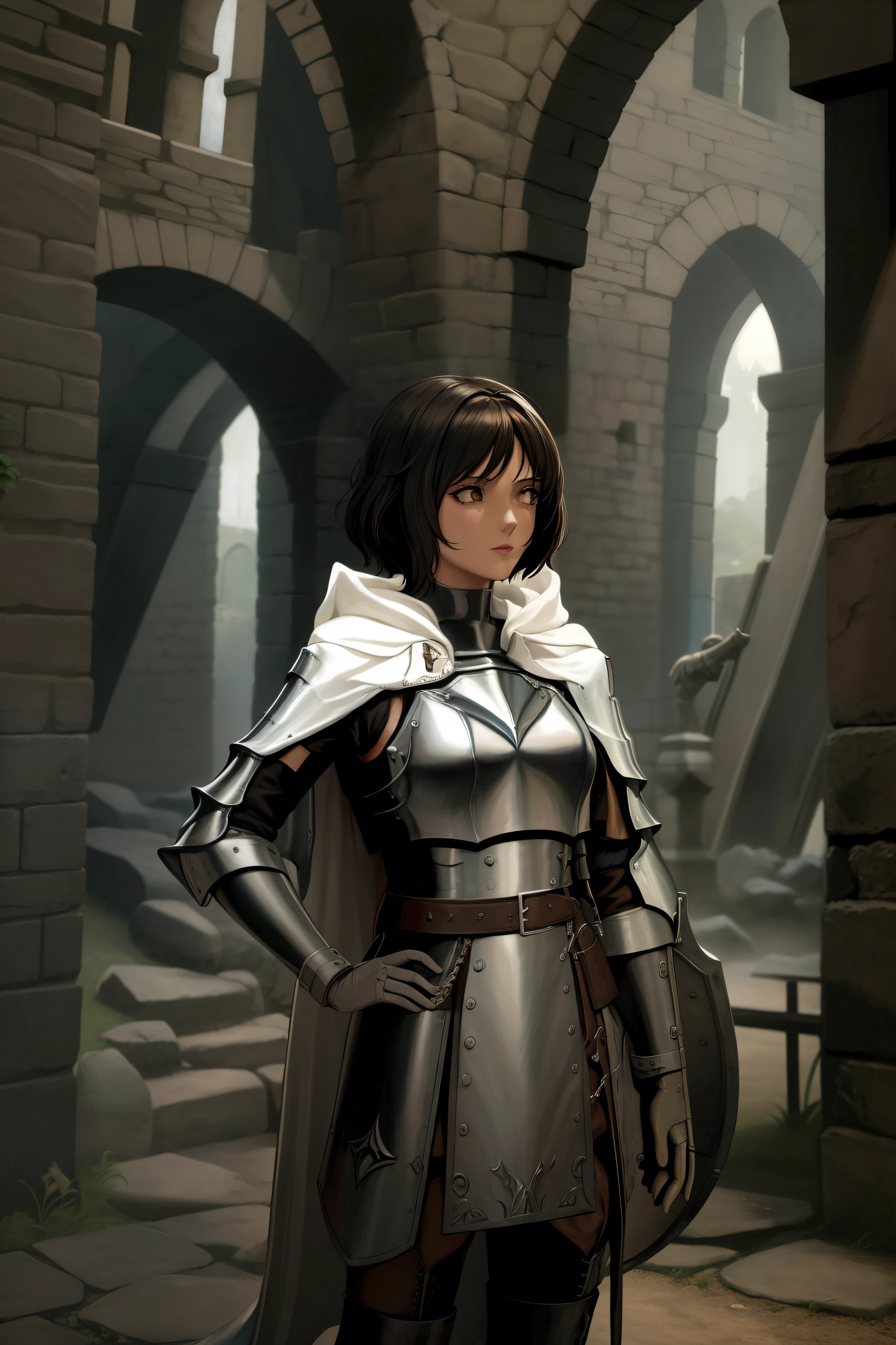 There is a woman in knight's costume standing in a stone building, Retrato do Paladino Feminino, picture of female paladin, retrato cavaleiro feminino, arte do personagem do motor irreal, Personagem pequeno. Motor Unreal 5, female cleric, female paladin, fantasia paladin mulher, de uma bela cavaleiro feminina, cavaleiro feminino, pretty female cleric, cavaleiro feminino bonito, cleric