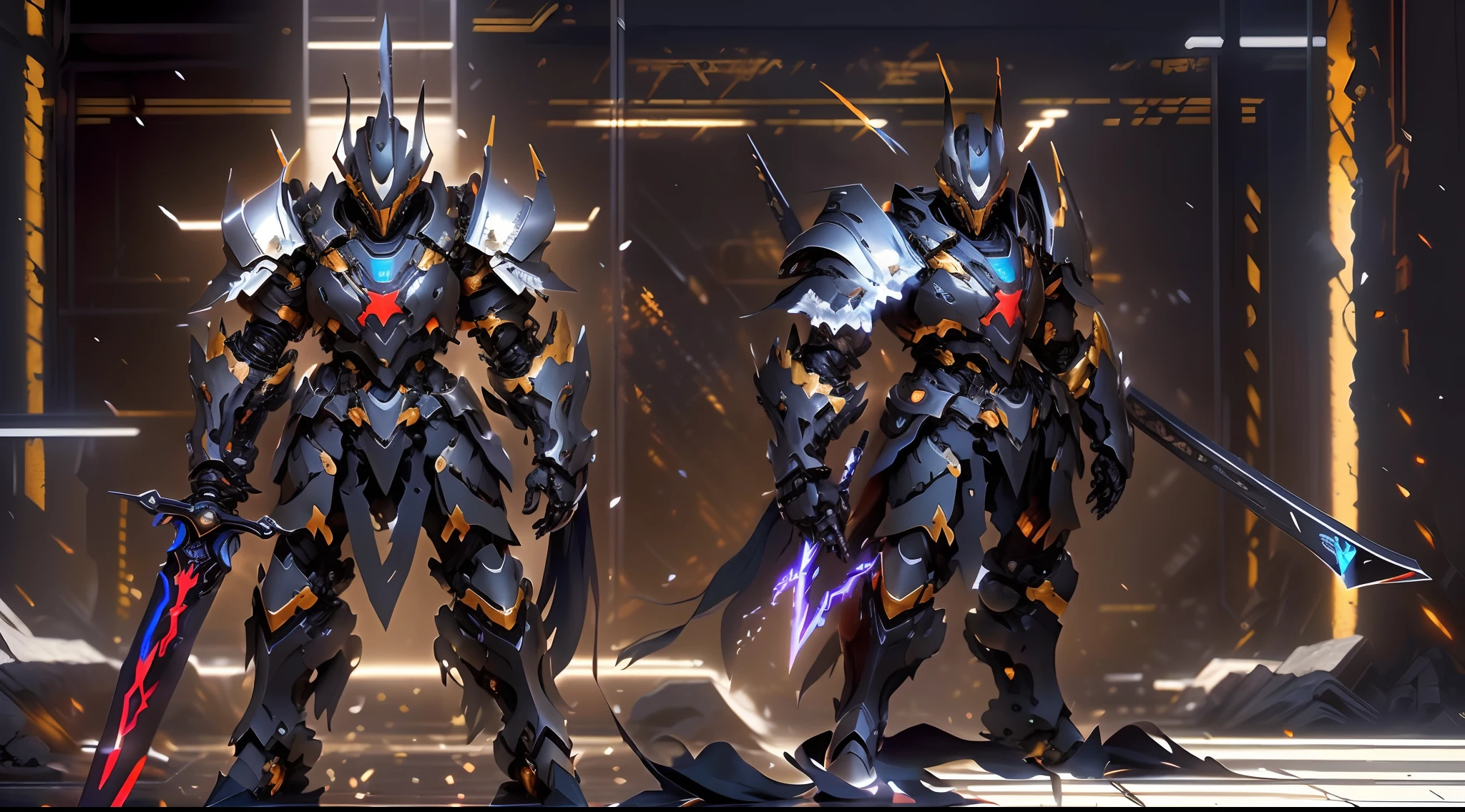 The armored knight of Arafeld stood in the dark room with a sword in hand, black fire color reflected armor, cyberpunk flame suit, berserk skullknight black armor, heavy metal armor, cybernetic flame armor, Black heavy armor, corrupted armor, cybernetic fire armor, full body X-force costume, heavy black obsidian armor, Barbed scrap metal armor