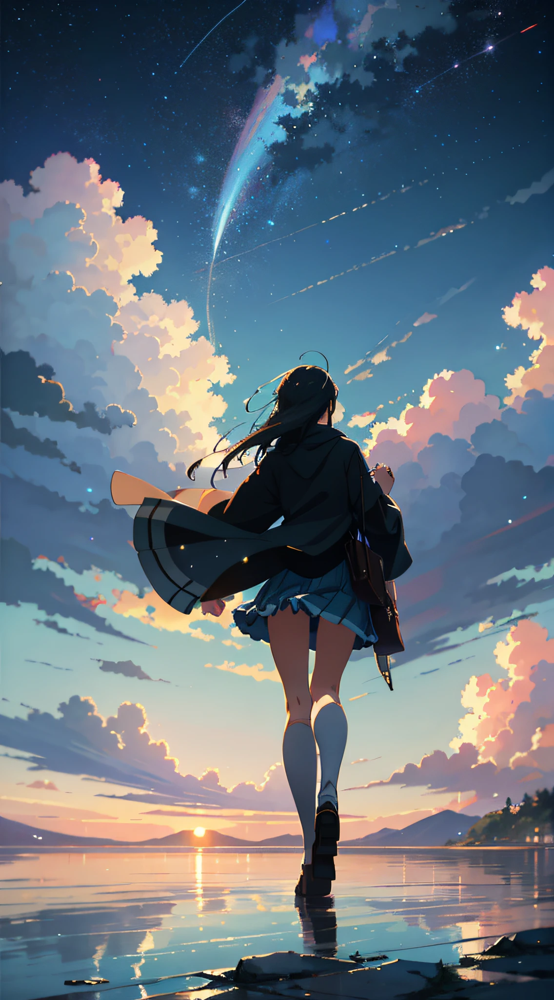 High quality masterpiece ,scenecy,Anime train passing through bodies of water on tracks, Brilliant night sky。Romantic train,pixiv,concept-art,Lofi art style,Reflectors。 by makoto shinkai, lofi art, beautiful anime scenes, Anime landscapes, Detailed scenery —width 672, in style of makoto shinkai, style of makoto shinkai,Detail enhancement。
