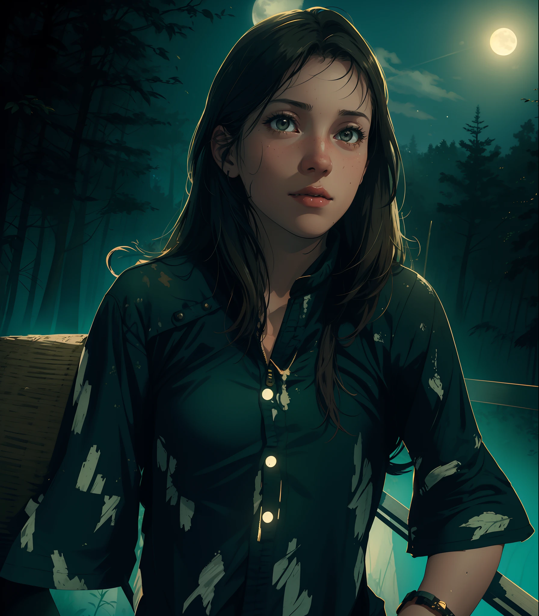 Ellie, tlou2, sneaking through high grass, forest, ((at night, moonlight)), (8k, RAW photo, best quality, masterpiece:1.2),ultra-detailed, (high detailed skin:1.2), 8k uhd, dslr, soft lighting, high quality,