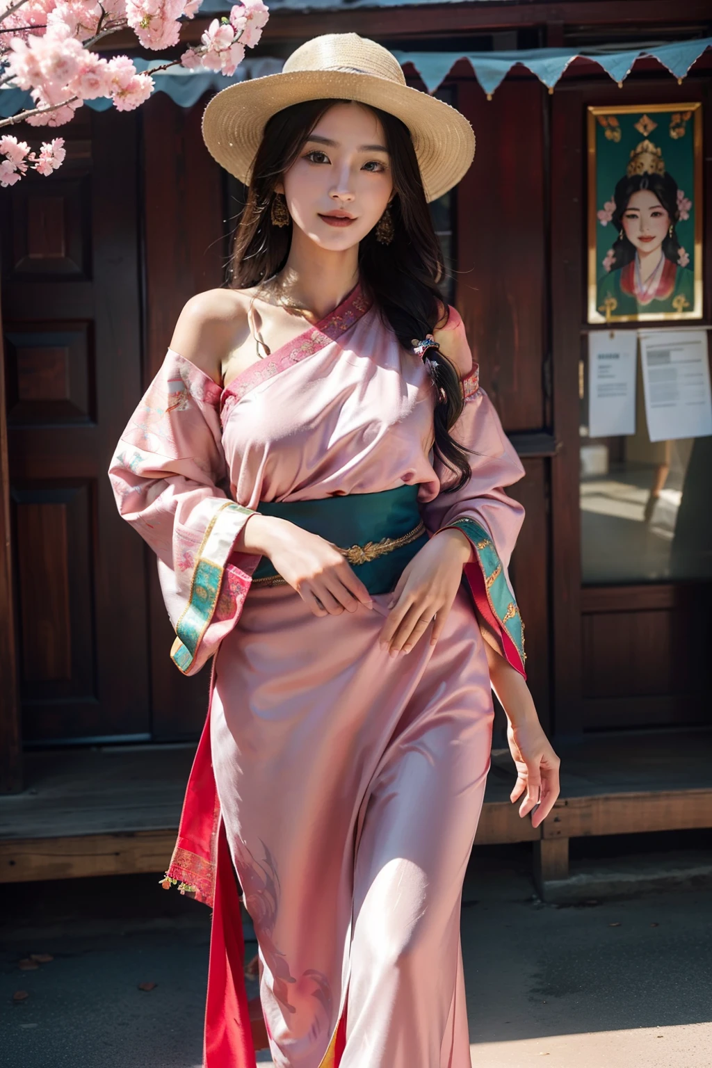 Tibetan beauties walking in the streets，She wears elegant and gorgeous traditional Tibetan clothing。Her appearance exudes a unique charm，Fair and delicate skin，It is as if moisturized by the warmth of the highland sun。Gao detailed, her eyes were dark and deep，It's like a clear lake，Reveals wisdom and mystery。The slender eyebrows rose slightly，Showcasing her confident and independent personality。Her lips were pink and full，It's like cherry blossoms in full bloom，Her sweet smile appears when slightly raised。High detail, her face lines are soft and three-dimensional，Highly detailed hands，One can't help but want to draw a picture for her。Clothing details，She wears a short-sleeved chuba in traditional Tibetan clothing，The main colors are red and green，Beautifully hand-embroidered，Bloom with a strong national custom。She wears a magnificent damask national treasure shawl over her shoulders，The dense pattern shines with gold and silver light。In terms of accessories，She wears a delicate Tibetan hat，The hat is set with precious gemstones and jewelry，Shine brightly。She walks the streets confidently and gracefully，Every step is full of power and rhythm。Her dress shows her love and respect for traditional culture，At the same time, it shows her unique personal style。Whether it's clothing details or makeup，All highlight her unique charm as a Tibetan beauty。
