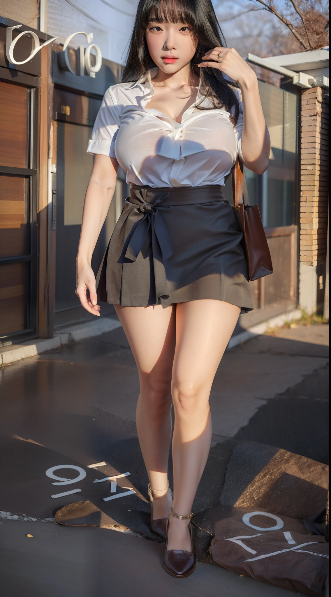 ((Top Quality)), ((Best Retail)), (High level of detail: 1.3), (8k, RAW photos, top quality, masterpiece: 1.2), (realistic, photorealistic: 1.37), (Ultra realistic), (High Details), (Face detail), (Shadow Detail), ((huge breasts: 1.9)), 1 korea girl, (23yo), blacknhair, long hair, white shirt, dark grey short skirt, brown shoes, brown bag