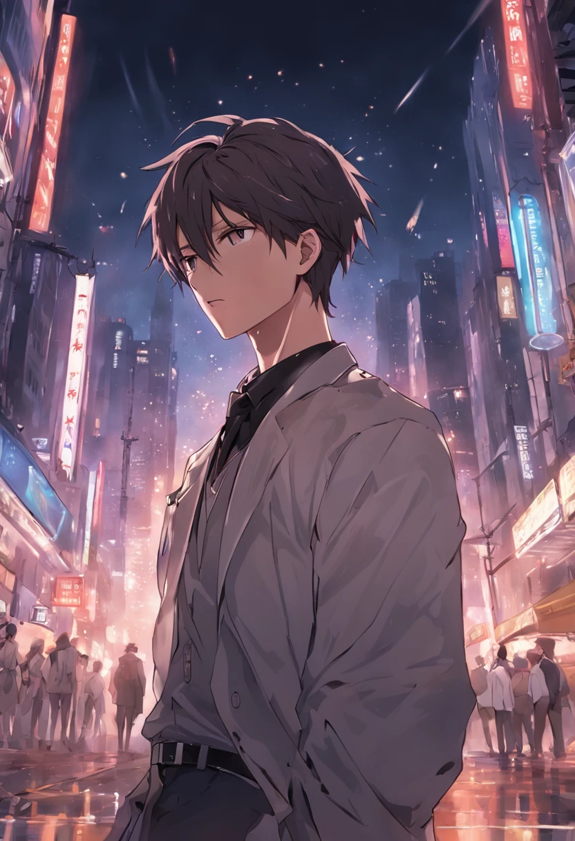 (absurderes、hight resolution、ultra-detailliert、realisitic、)1 male、独奏、Adults、mature、Tall and muscular man、broad shoulder、a handsome、extra very short hair、A dark-haired、brown-eyed、angular jaws、thick neck、thick eyebrow、natta、murky、City night view background、white shirt、Black slacks、Black pants、neck tie、The upper part of the body,Man Playing Guitar