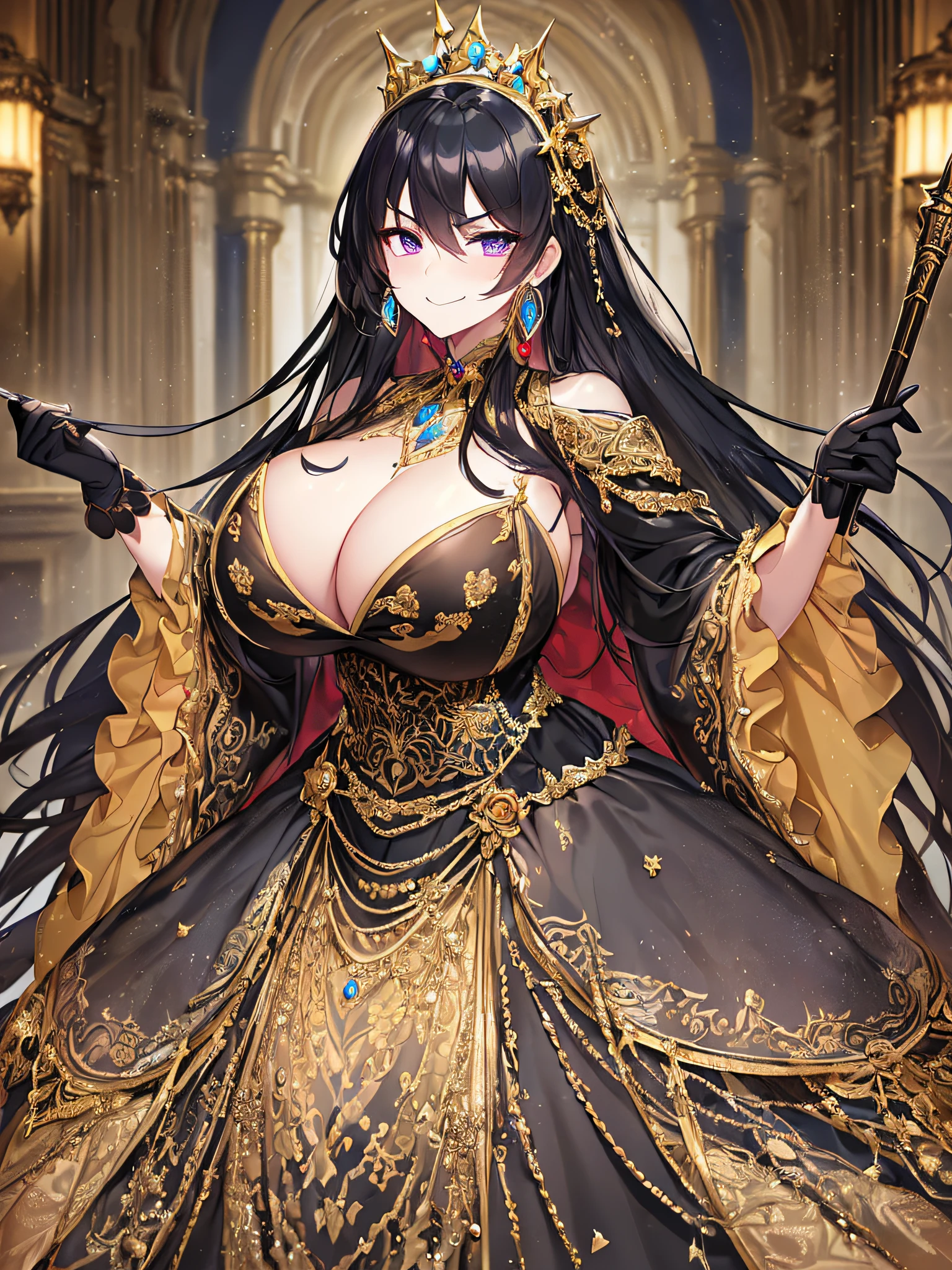 ((anime artstyle)),(Masterpiece),(Best Quality), (Super Detail),((Very Delicate and Beautiful)),(Solo),((full body portrait)),((1 arrogant princess in beautiful embroidery black and gold gorgeous rococo princess ballgown with  voluminous full length hoop skirt)),gold trim,((crinoline)),gorgeousfull embroidery,Long train((arrogant,haughty)),(((arrogant smile))),Sharp eyes,(holding a luxurious scepter),sunlight,((gorgeous gemstone jewelry)),detailed face and eyes,jewel-like eyes,Purple eyes,(Bangs between eyes),(((large amount of straight hair,extremely Long voluminous black Hair))),((gigantic tits,Long tits)),gorgeousfull embroidery,cleavage,extremely gorgeousfull hair ornament,(bling-bling extremely gorgeousfull jeweled tiara),gorgeous corsage,(Dynamic Angle),Looking at viewer,(full body)),((beautiful embroidery black and gold gorgeous rococo princess ballgown with voluminous full length hoop skirt))