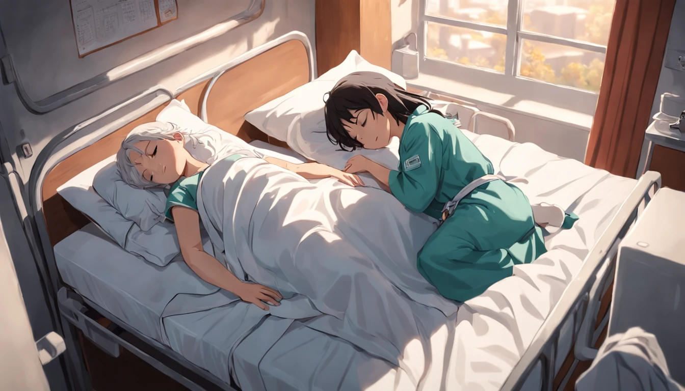 Vegetative person lying on the ward，male people，Wearing a hospital gown，White sheets，Window sunlight noon，closing her eyes，flat lay，Cover with a quilt，
