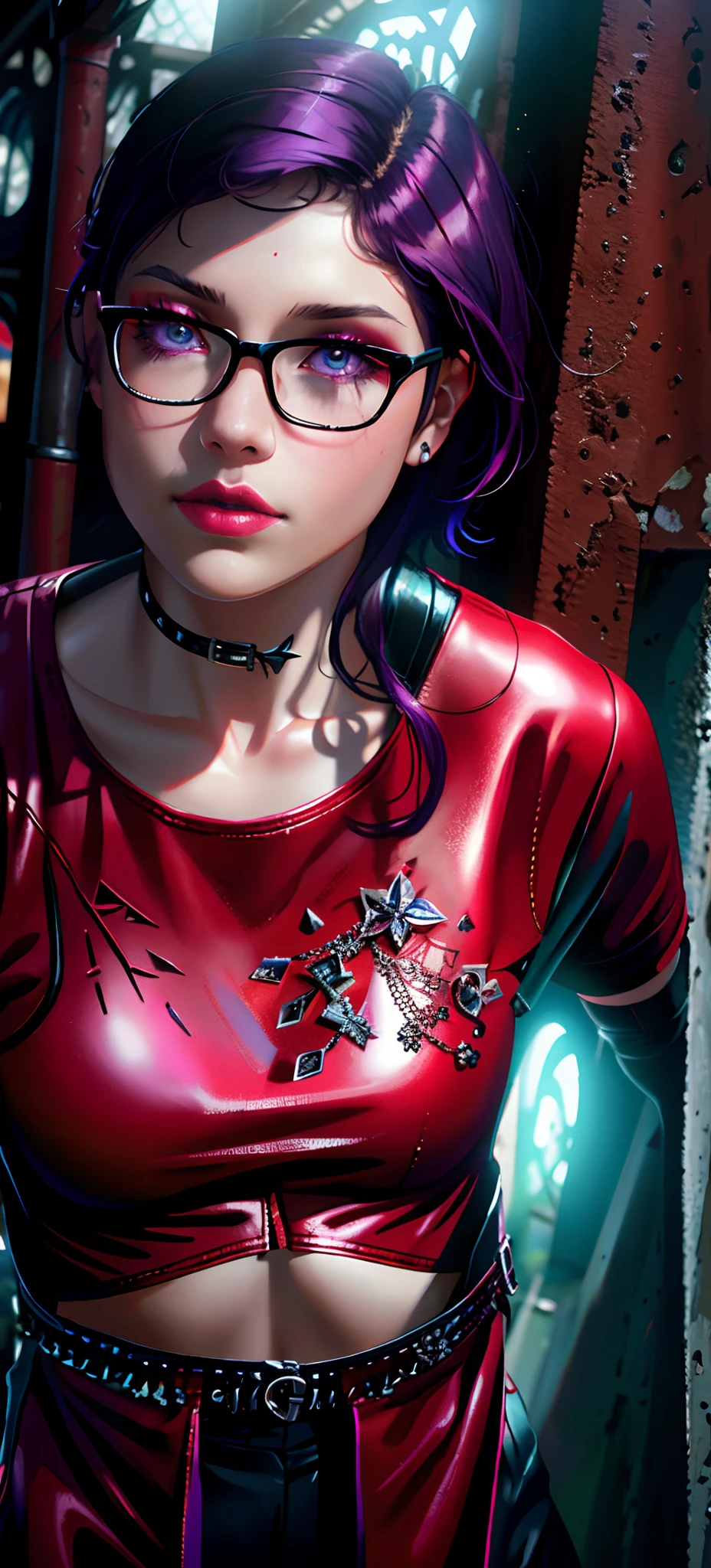 Malicious gothic girl, purple hair, short hair sides shaved:1.3, sensual pose, in red leather corset:1.2, (in the garden of a ruined gothic cathedral:1.2), tattooed, pierced, black makeup ,((slim, petite)), photorealistic, photo, masterpiece, realistic, realism, photorealism, high contrast, photorealistic digital art trending on Artstation 8k HD high definition detailed realistic, detailed, skin texture, hyper detailed, realistic skin texture, best quality, ultra high res, (photorealistic:1.4),, high resolution, detailed, raw photo, sharp re, by lee jeffries nikon d850 film stock photograph 4 kodak portra 400 camera f1.6 lens rich colors hyper realistic lifelike texture dramatic lighting unrealengine trending on artstation cinestill 800,
