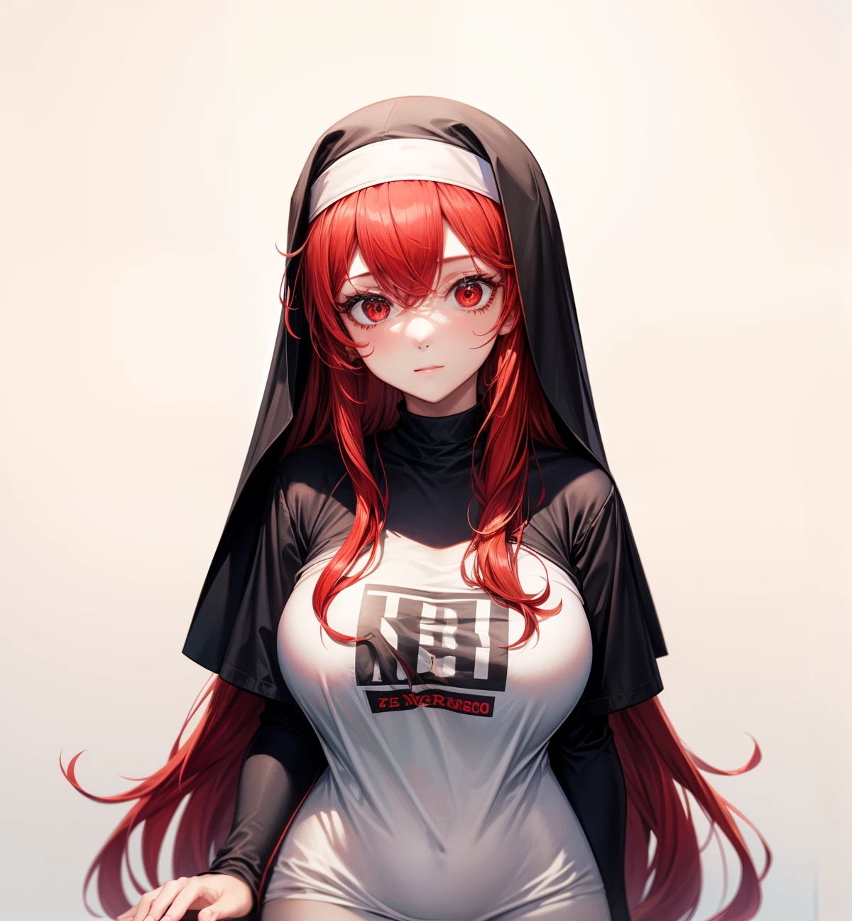 1girl,red hair,long hair,red eye,big breast,nun t-shirt, transparan t-shirt