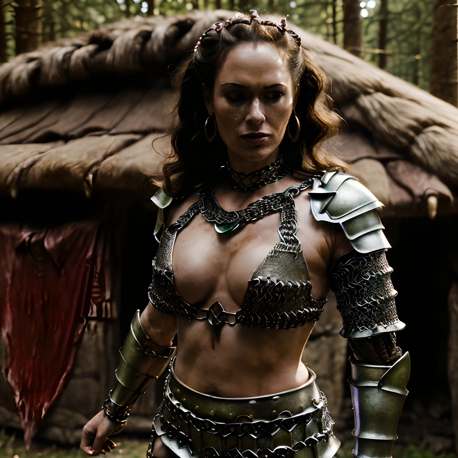 ((masterpiece, Best Quality)), 32K HDR, hight resolution, (Detailed face:1.15, Detailed texture:1.1), finely detailed skin, Sharp Focus, (Perfect slim body:1.1), (Cinematic lighting), Soft lighting, Dynamic Angle, 1girl in, (Princess Gorgo, Video 300-SMF), Solo, (armlet:1.1), Long hair, Black hair, Jewelry, (Ancient chain mail armor:1.65, blood attached on the armor:1.7), (Realistic abandoned hut:1.3, in the deep forest:1.3), (ultra huge cleavage:1.55, super gigantic breasts:1.55), (She holds a realistic spear and iron shield:1.9, Fighting pose with serious face:1.6, Full body shot:1.1),