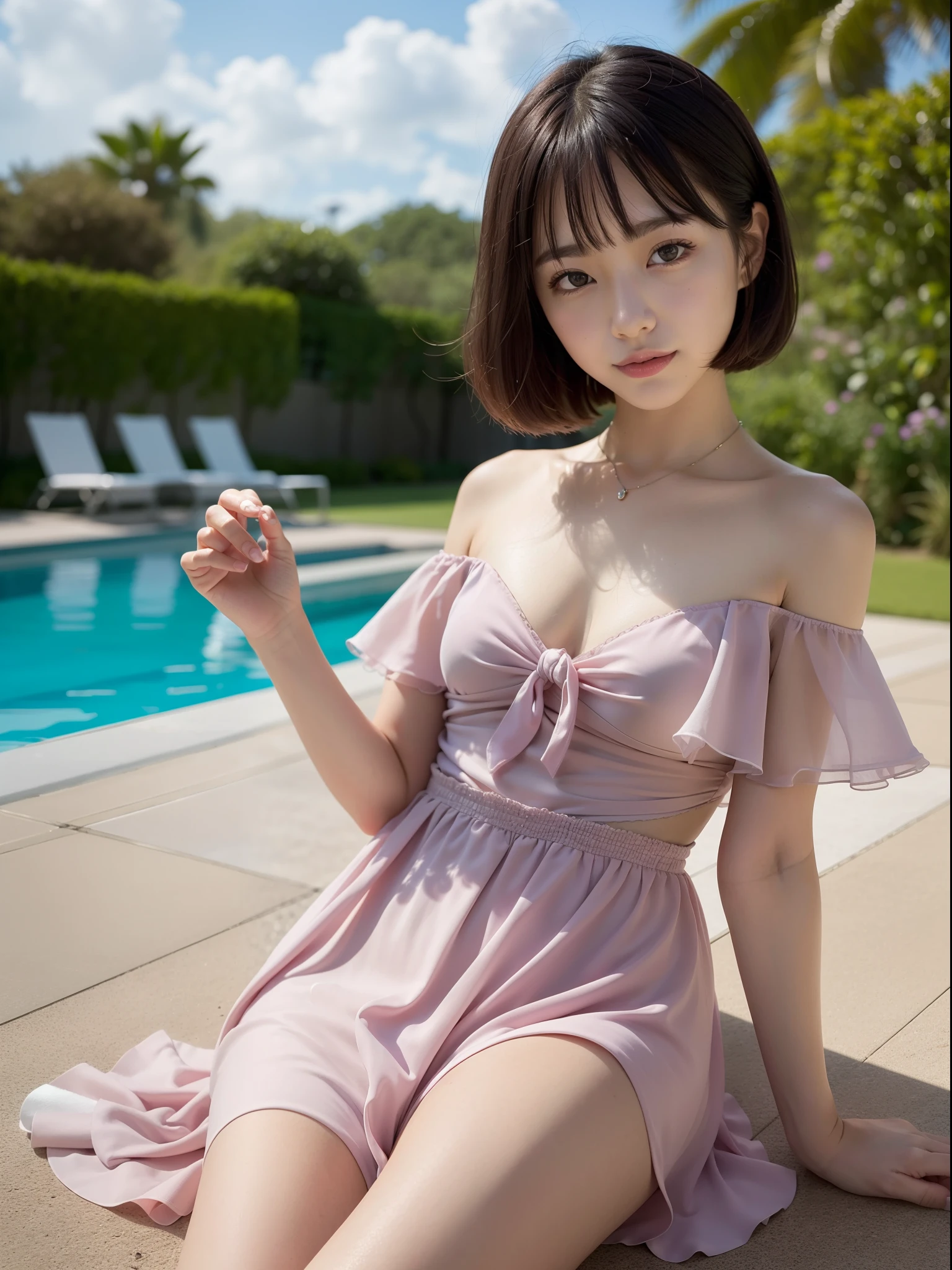 ((of the highest quality, 8K, masutepiece: 1.3, Raw photo)), Sharp Focus: 1.2, (1 AESPA Girl :1.1), (Solo: 1.2), (Realistic, Photorealistic: 1.37), (Face Focus: 1.1), Cute face, hyperdetailed face, Small breasts, flat chest, Short messy hair, Small Smile, (Off-the-shoulder chiffon dress, skirt: 1.4), Pool side, look back, flower, iris