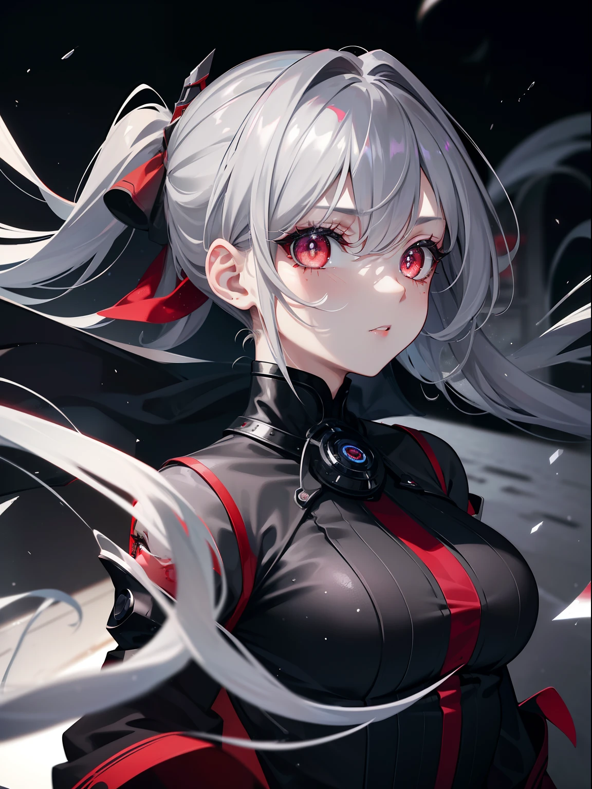 (Masterpiece, Best quality, ultra high resolution, splendid),1girl,Dark gray hair, red eyes, spiral-shaped pupils, gray clothing, beautiful and detailed face, detailed eyes,(dust particles floating in the air),in an uninhabited city, gray theme