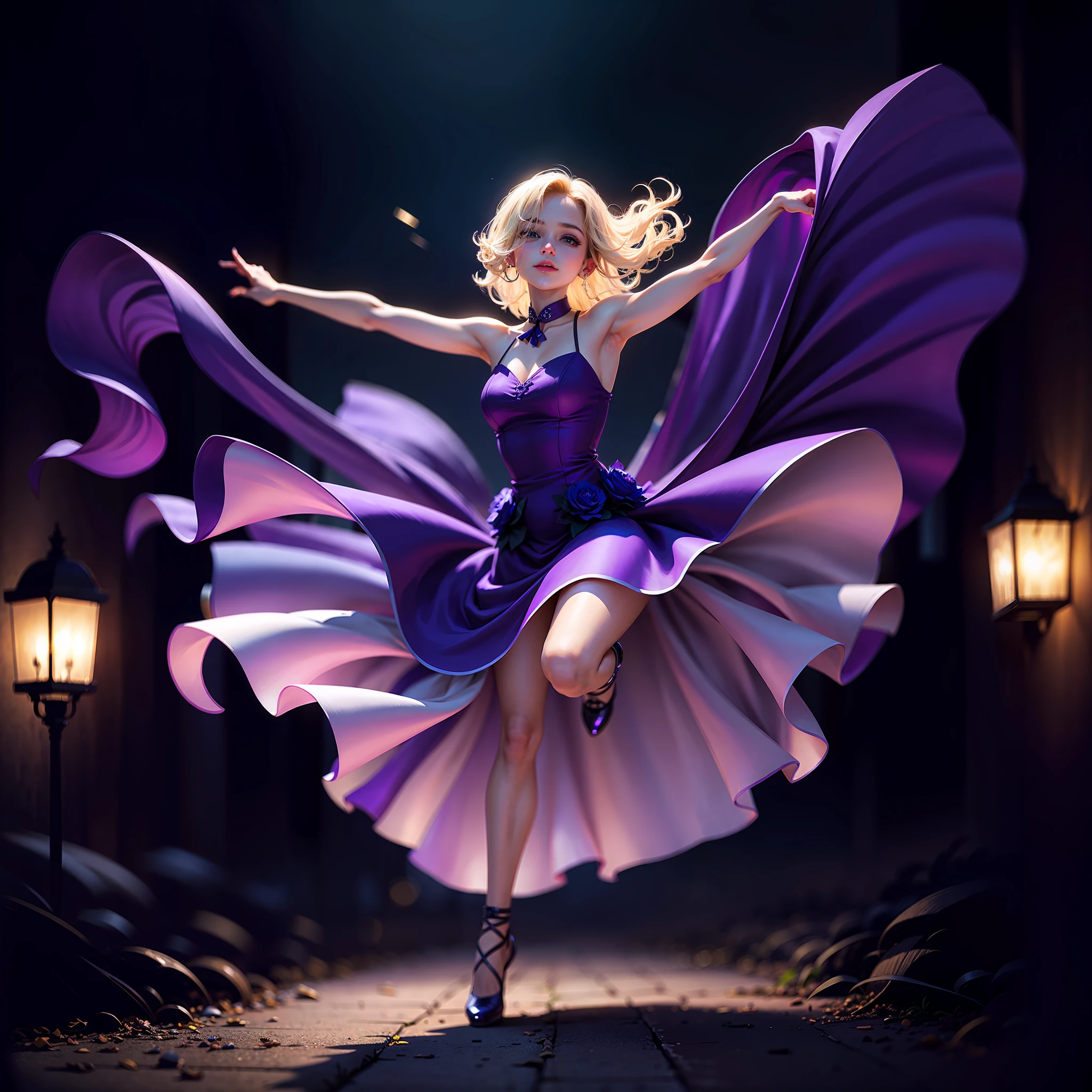 dancing girl in night, violet dress, blond hair