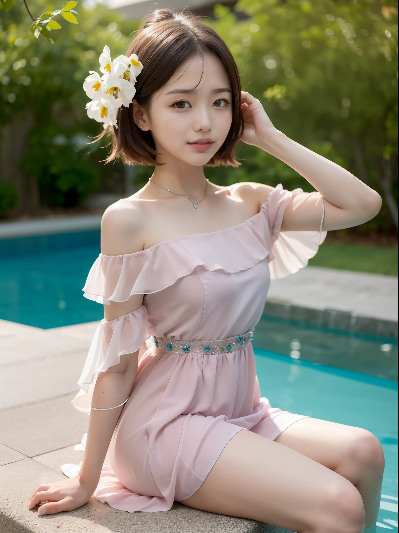((of the highest quality, 8K, masutepiece: 1.3, Raw photo)), Sharp Focus: 1.2, (1 AESPA Girl :1.1), (Solo: 1.2), (Realistic, Photorealistic: 1.37), (Face Focus: 1.1), Cute face, hyperdetailed face, Small breasts, flat chest, Short messy hair, Small Smile, (Off-the-shoulder chiffon dress, skirt: 1.4), Pool side, look back, flower, iris