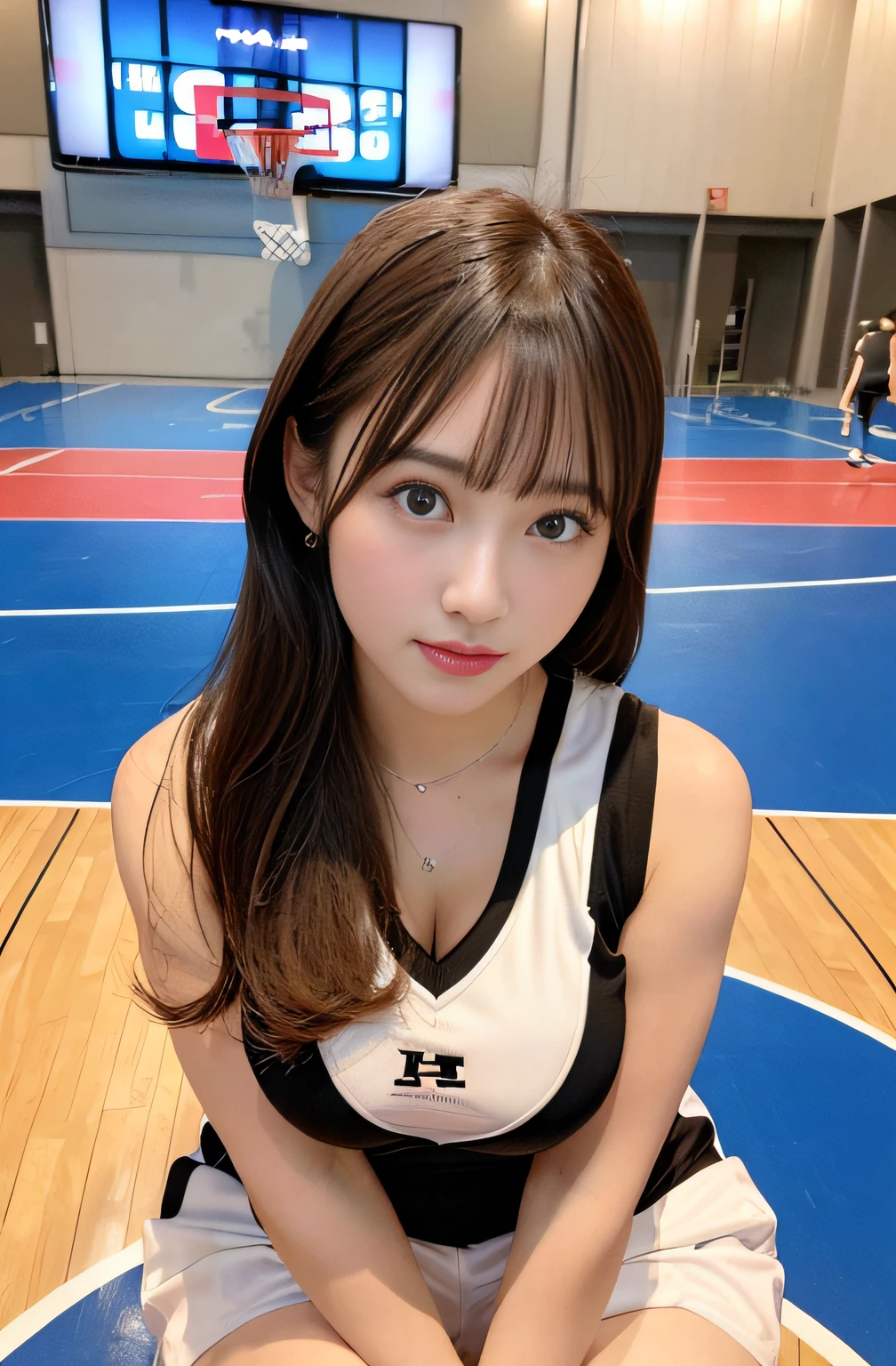 Kasumi Arimura、model、Masterpiece、Holding a basketball、Basketball Uniform、Basketball goal、Japanese、Tear bags、double eyelid、Cute Girls、Black Hair、Wavy Hair、20-year-old、best quality, 1 girl, Big Tits、Indoor coat、Tank top uniform、smile、Kasumi Arimura、Heavy makeup、whole body