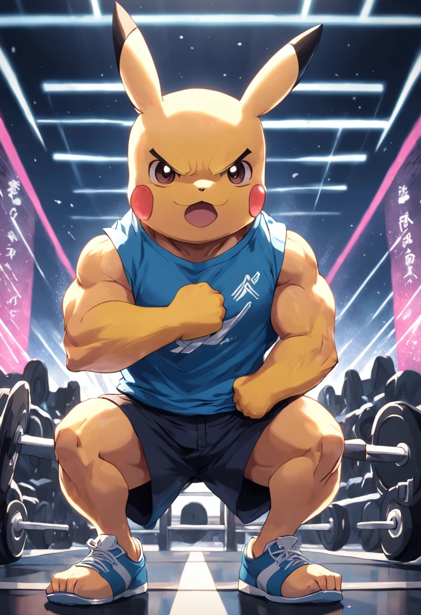 (a T-shirt illustration of a muscular Pikachu working out intensely in a gym)