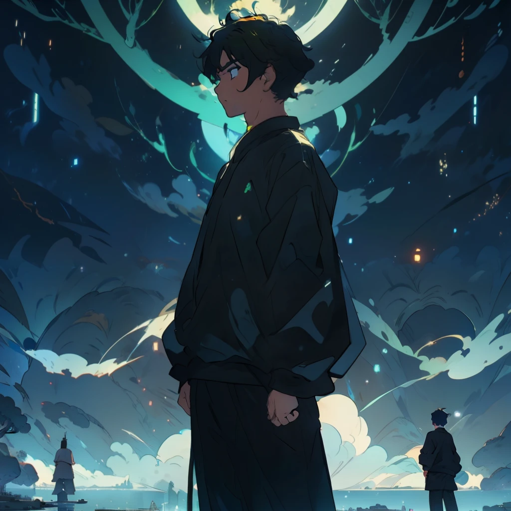 ,(tmasterpiece:1.2),best qualityer,PIXIV,buddhism, Standing in front of a big green tree, a boy wearing short black hair and a black sweatshirt,cleanness,