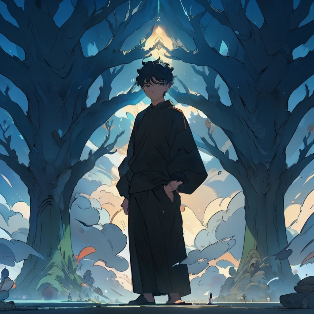 ,(tmasterpiece:1.2),best qualityer,PIXIV,buddhism, Standing in front of a big green tree, a boy wearing short black hair and a black sweatshirt,cleanness,
