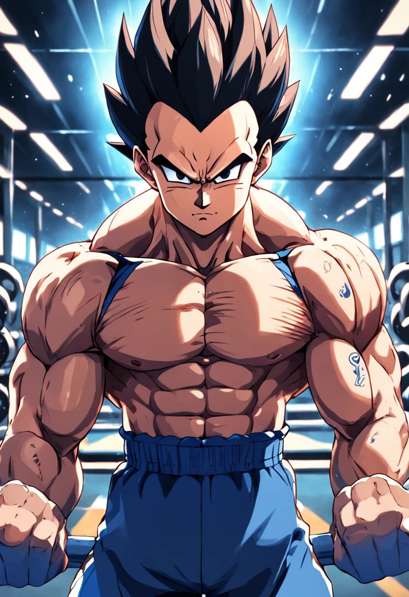 A detailed drawing of Vegeta training intensively in a bodybuilding gym.