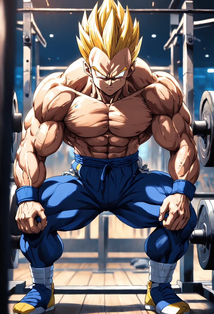 A detailed drawing of Vegeta training intensively in a bodybuilding gym.