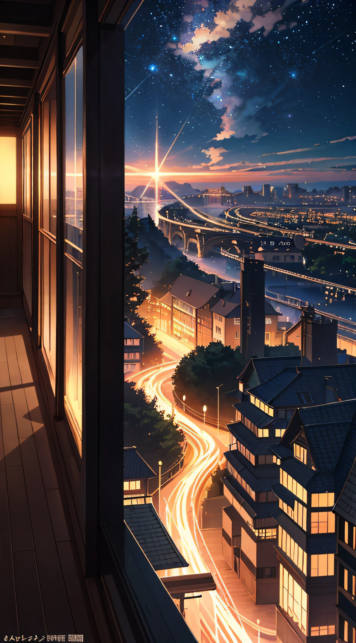 High quality masterpiece ，scenecy，Anime train passing through bodies of water on tracks， Brilliant night sky。Romantic train，pixiv，concept-art，Lofi art style，Reflectors。 by makoto shinkai, lofi art, beautiful anime scenes, Anime landscapes, Detailed scenery —width 672, in style of makoto shinkai, style of makoto shinkai，Detail enhancement。