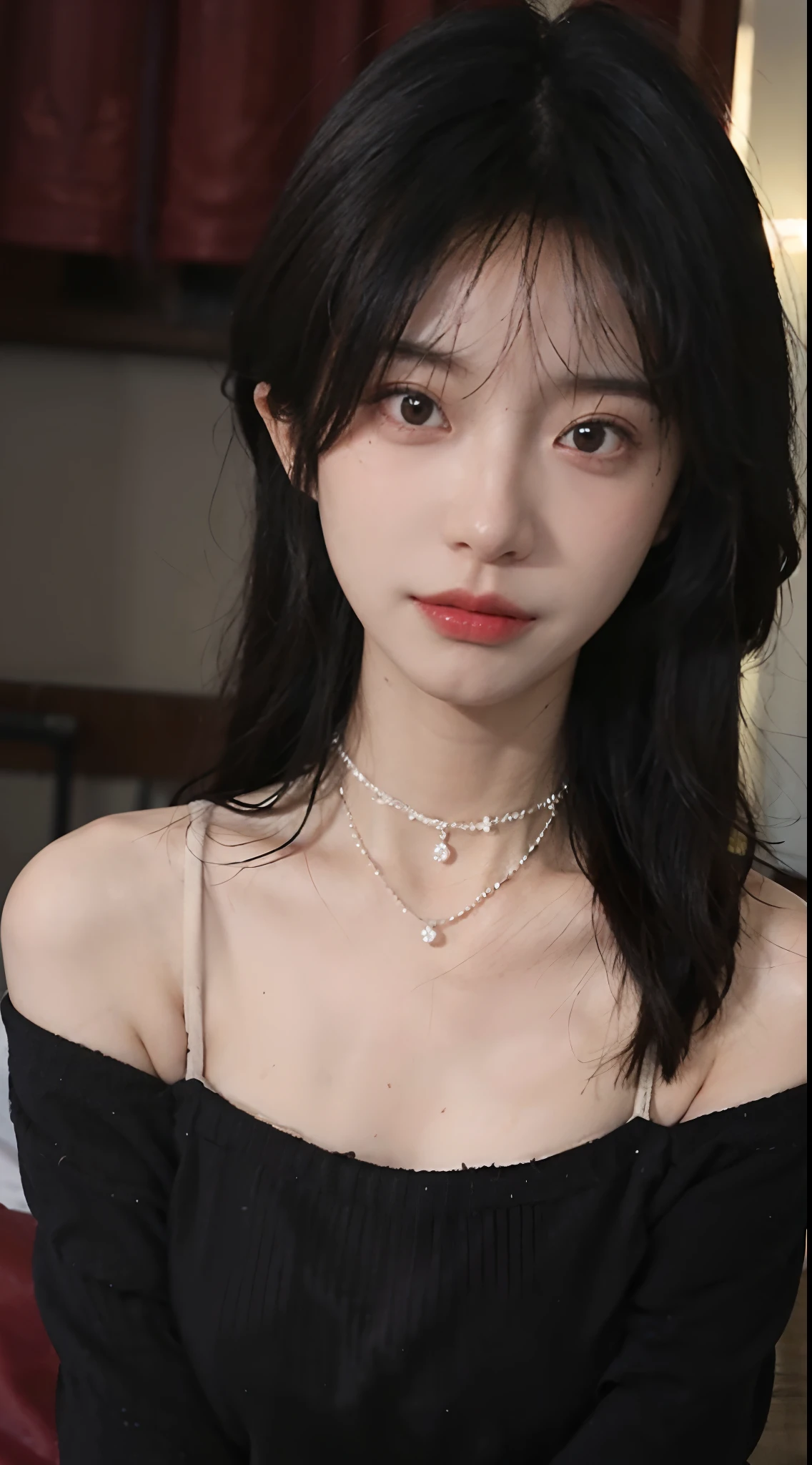 best qualtiy, 超高分辨率, (realisticlying:1.4), A girl, A pair of clear and moving peach blossom eyes,Royal Sister,(Sea of White Roses:1.4),(choker necklace:1.2)(Fair skin:1.2),a sense of atmosphere,a beauty girl, ssmile,head straight-looking at viewer, closeup cleavage ,(Photorealistic:1.4),1girll,Sexy,(Black lace bra:1.4),(Big breasts:1.9),(Upper body:1.4),(Wet body),(:1.2)