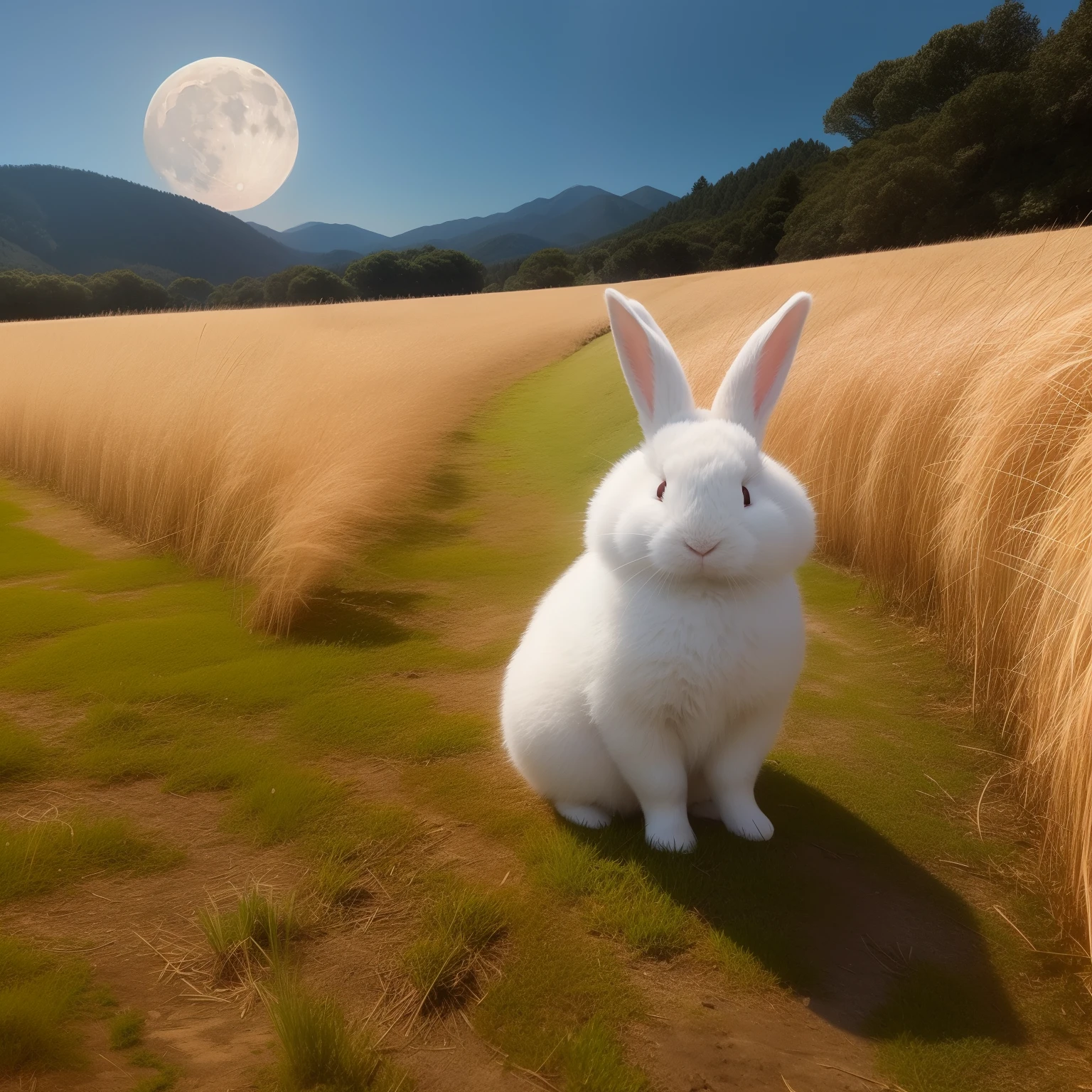 Fat white rabbit、Early autumn winds、Countryside in the mountains、Japanese pampas grass shines in the moonlight、In the full moon, the shadow of a rabbit sucking rice cakes is shown.。
