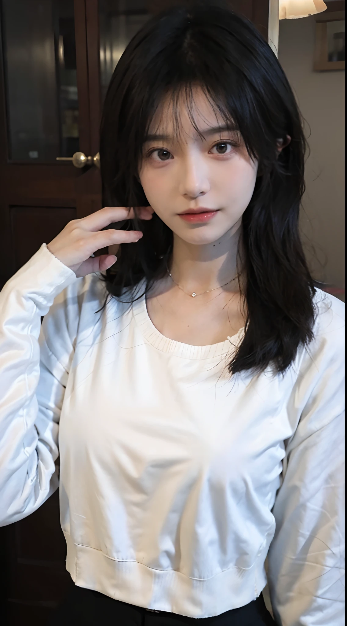 Best quality，masterpiece，Ultra-high resolution，(Photo Realism:1.4)，girl，Sexy，cute，，（shirt：1.2)，（Big breasts:1.3)，（Upper body:1.4）