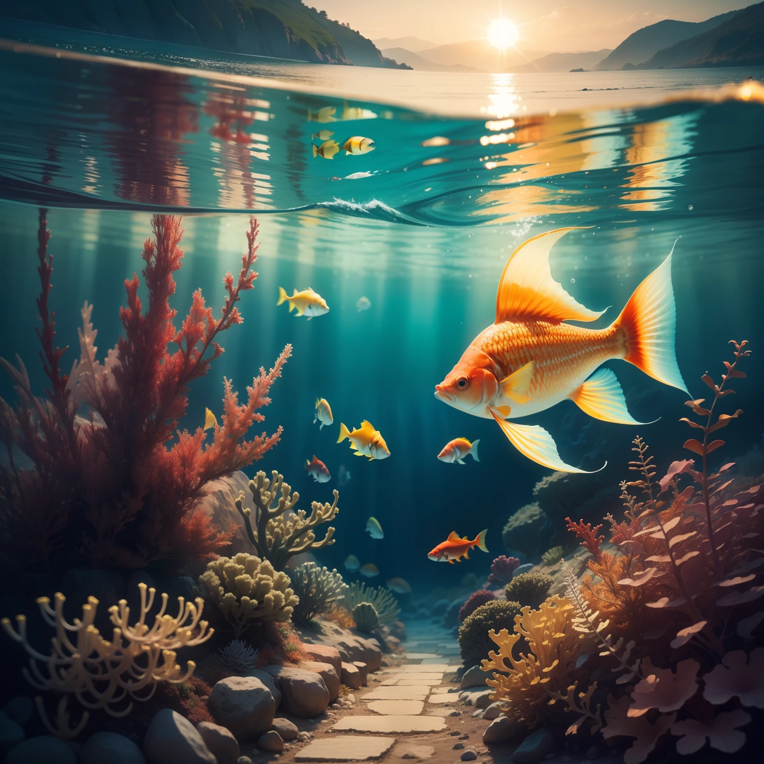 Red and gold fish in Sea background colourful sea plants