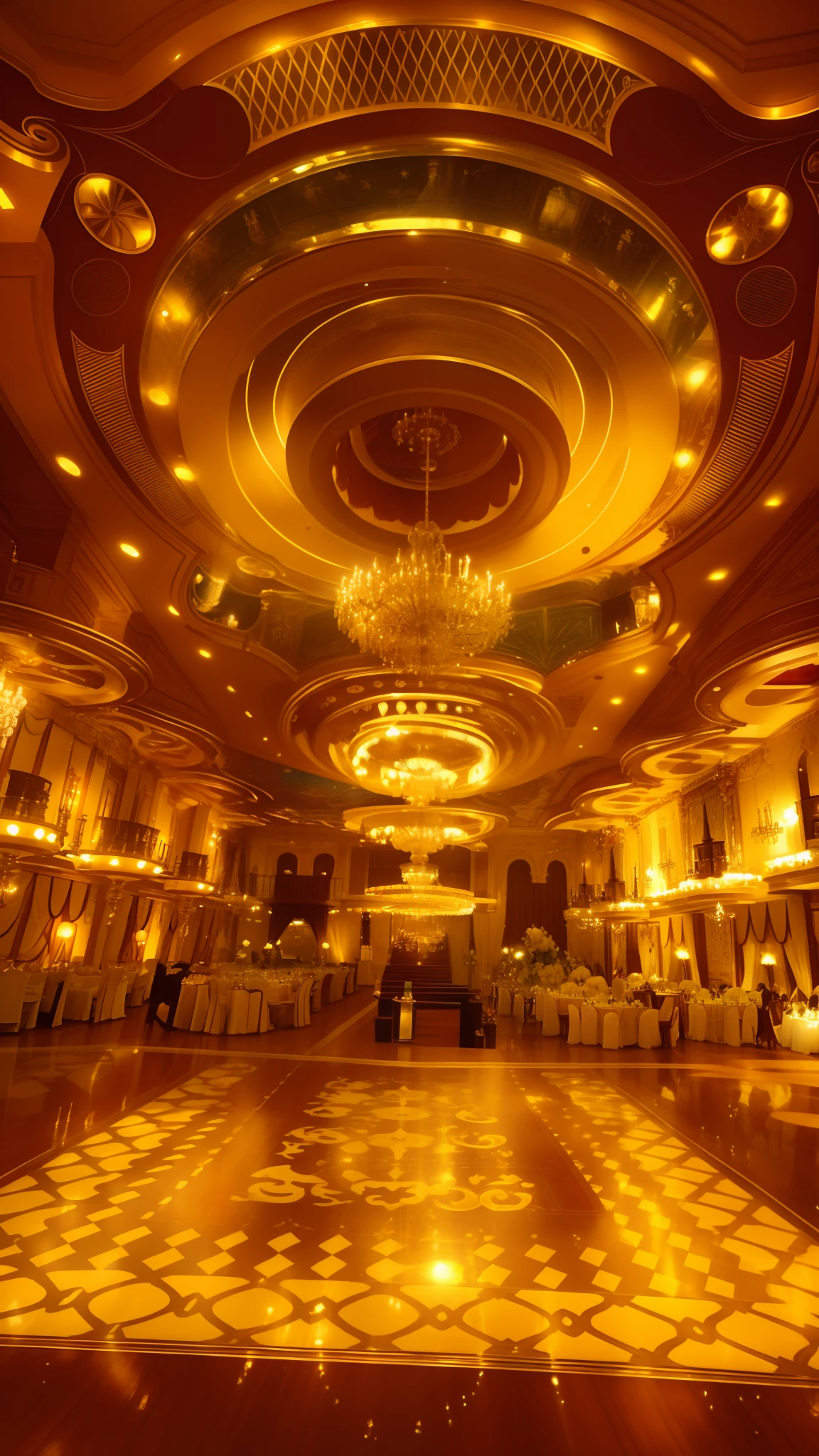 There was a large room with chandeliers and tables, Futuristic ballroom. Big eyes, in a large hall, big hall, Gorgeous restaurant, big hall, palatial scene, inside a grand, inside a palace, inside a grand ornate room, ball room, enchanted surroundings, big chandelier, majestical lighting, luxurious wedding, Grand!, In the majestic sky， Clouds， holding_weapon， no_humans， Glow， droid， buliding， scientific fiction， 城市， Realistis --v6