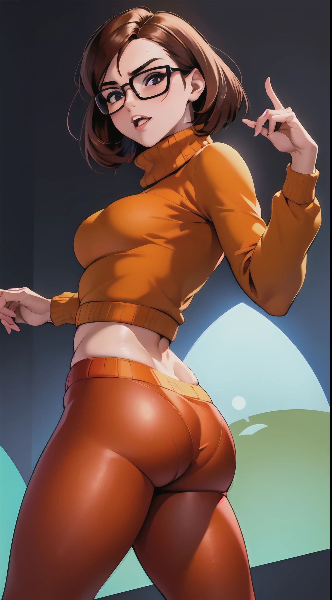 Bela, obra prima, extremamente detalhado, melhor qualidade, best ilumination, melhor sombra, rosto perfeito, olhos castanhos brilhantes, Cabelo castanho curto, blusa laranja, saia vermelha, umbigo, hands back, peitos grandes, eyeglass, Fofa, sardas, brown hair, crop turtleneck sweater, detetive, mangas longas,  Scooby-Doo's Velma leaning forward with her hands back, sorrir, parte superior do corpo, bunda empinada, ass towards the viewer,