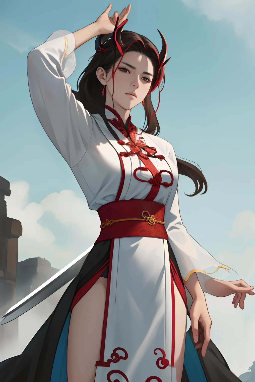 NSFW, obra-prima, melhor qualidade, ultra-detalhado, semi-realista, detailedfacialfeatures, 1woman,usando roupa ancestral wuxia,cabelos brancos bastante compridos,olhos frios negros,beleza inigualavel,large dragon horns on the head,mulher sensual,voluptuosa,sexy donzela,poderosa,roupas wuxia que valorizam seu corpo,arrogante,standing in an imposing pose holding in his left hand a sword of distinct fine blade;