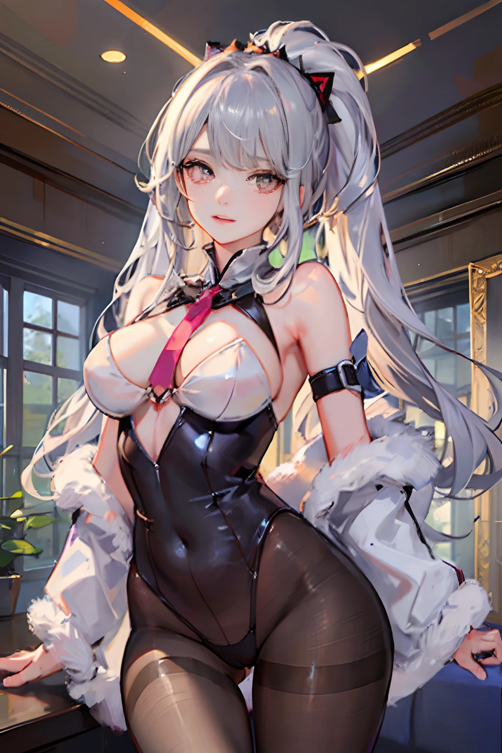 1个Giant Breast Girl!Ray traching,best shadow,A high resolution(dim murky lights)detailedbackground(liveroom)Fluffy silver hair,plump and slender girl,With a high ponytail, avoid golden eyes in the ominous living room(Girl wears a transparent shirt,transparent panty,Wear yours with white sheer pantyhose),It shows a delicate and slender figure and beautiful curves,Limbs with correct and reasonable position!hand behind head,Stand dignified,detail in face!Delicate facial features,Pay attention to the details of the position of the legs!Pay attention to hand details!high high quality!More eligible!Reduce errors!Painting is more elaborate,Ultra-detailed CG,The picture is more reasonable!Pay attention to finger details!8k wallpaper,tmasterpiece,Double pupil details!Reduce binocular differences!Limit the number of fingers!
