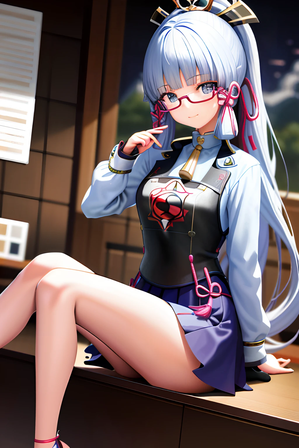 tmasterpiece,A high resolution,best qualtiy,1girl solo,kamisato_ayaka,ssmile,komono, sitting in office,Wearing glasses,Tajiro legs,There is an Apple laptop in front of the desk