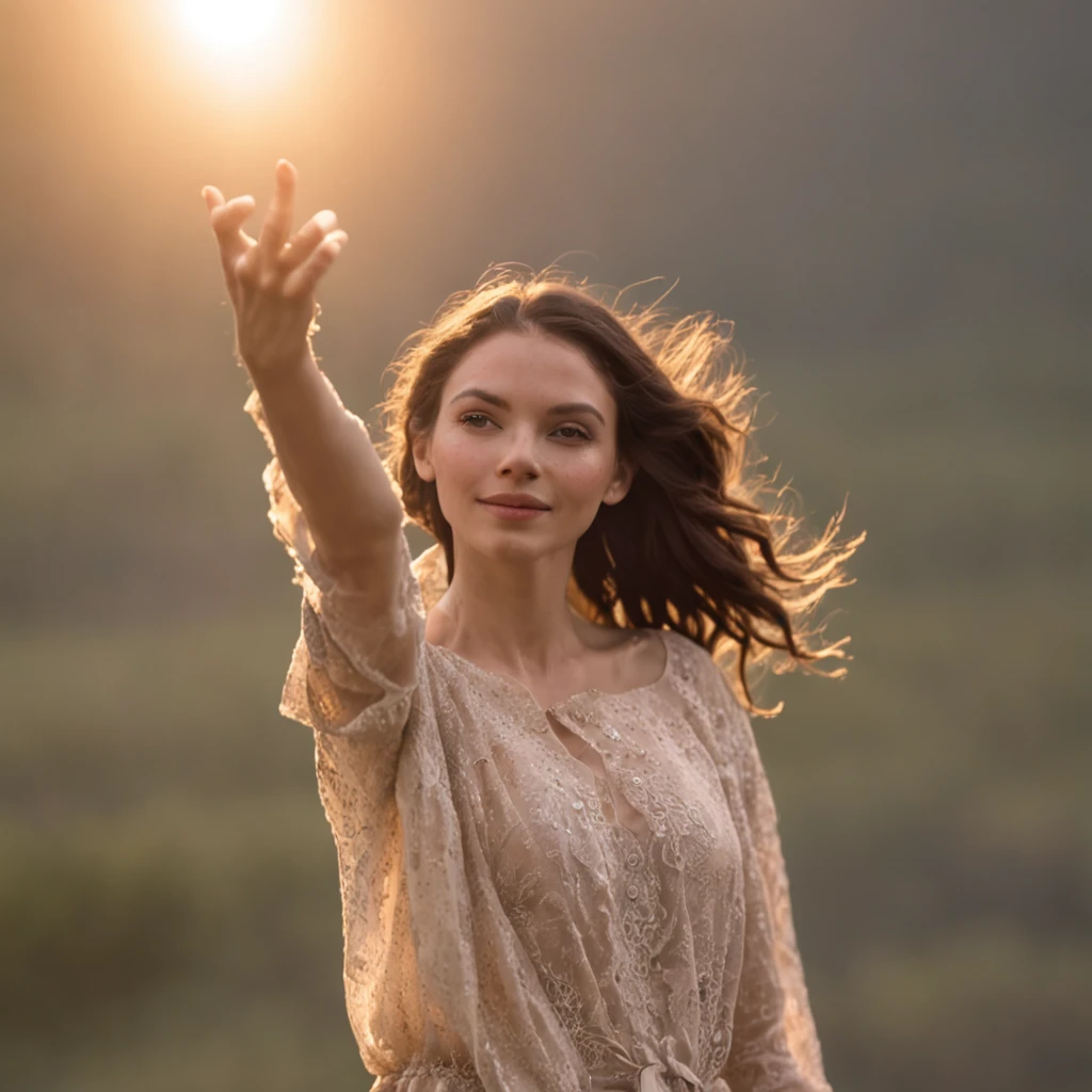 obra-prima, melhor qualidade, filme ainda, 1girl, garota nuvem, floating into the sky, close-up, brilhante, feliz, Soft lighting and Warm, sun sunset, (Sparks: 0,7) , garota gata debaixo da cachoeira