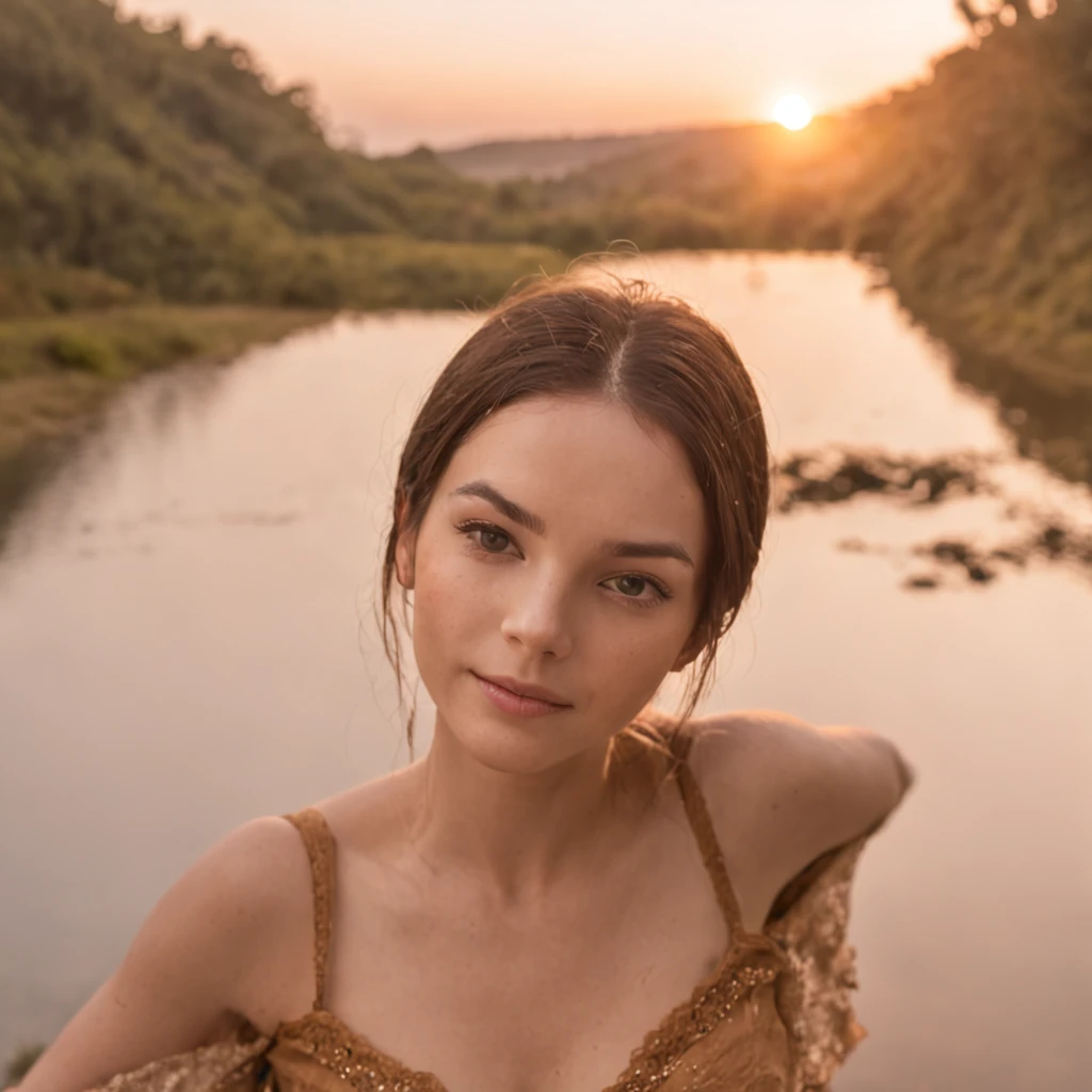 obra-prima, melhor qualidade, filme ainda, 1girl, garota nuvem, floating into the sky, close-up, brilhante, feliz, Soft lighting and Warm, sun sunset, (Sparks: 0,7) , garota gata debaixo da cachoeira